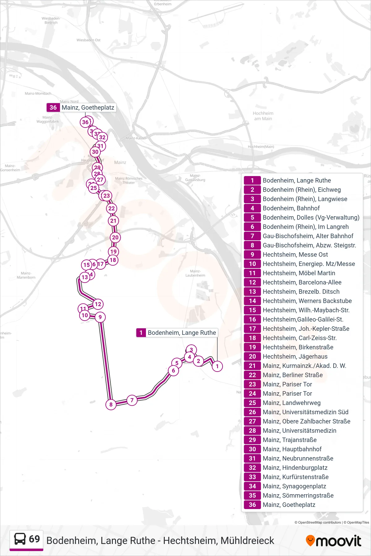 Linie 69 (Bus) Richtung Mainz, Goetheplatz: Route und Haltestellen auf der Karte