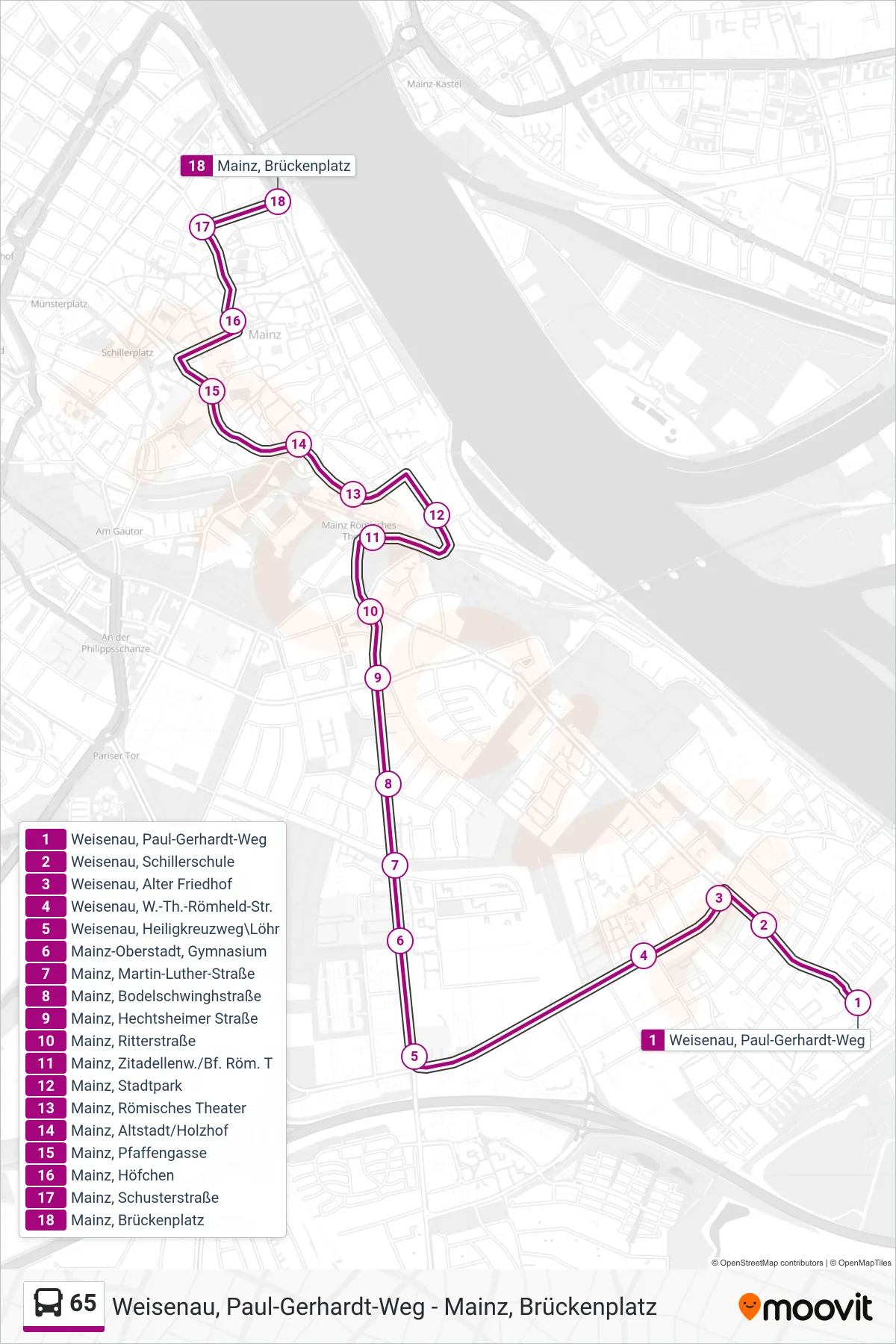 65 bus Line (Altstadt) route and stops on a map