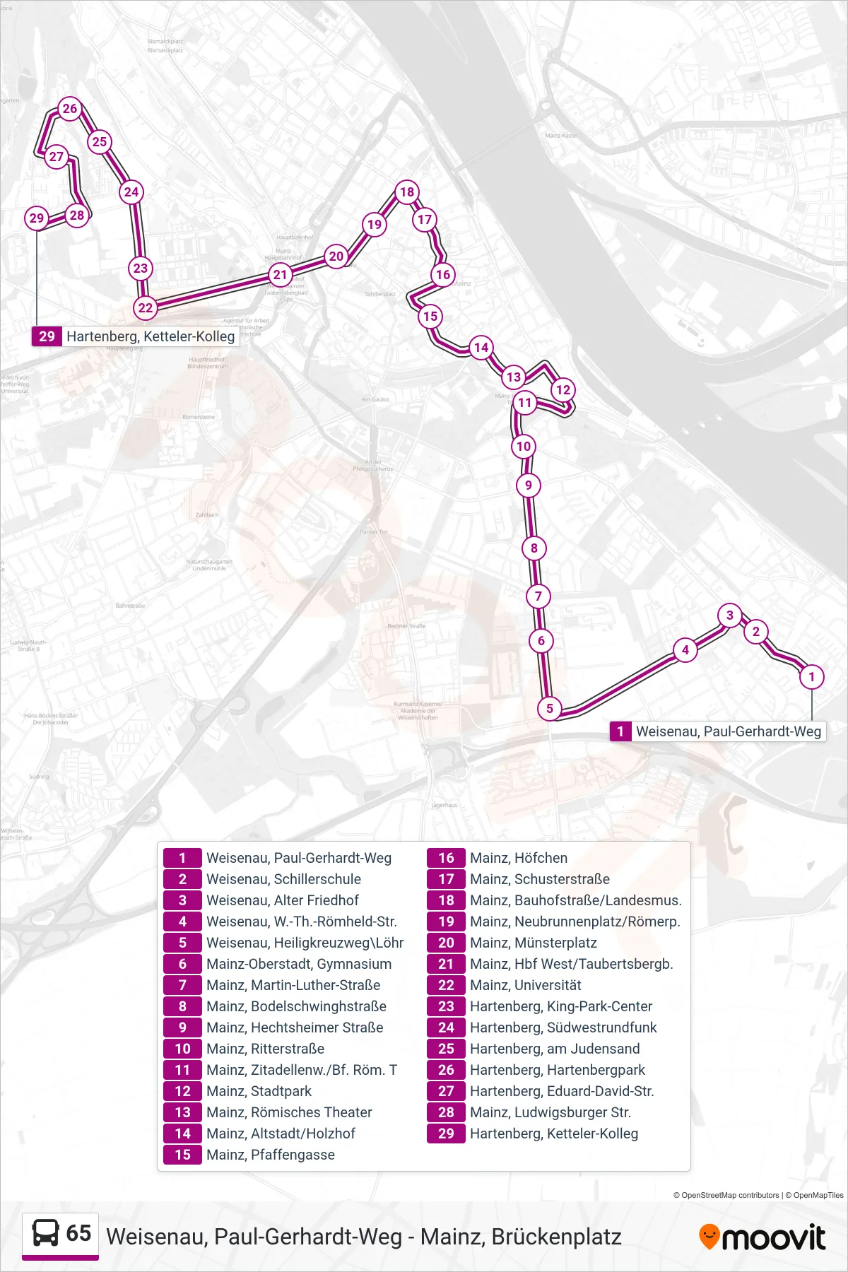 65 bus Line (Hartenberg) route and stops on a map