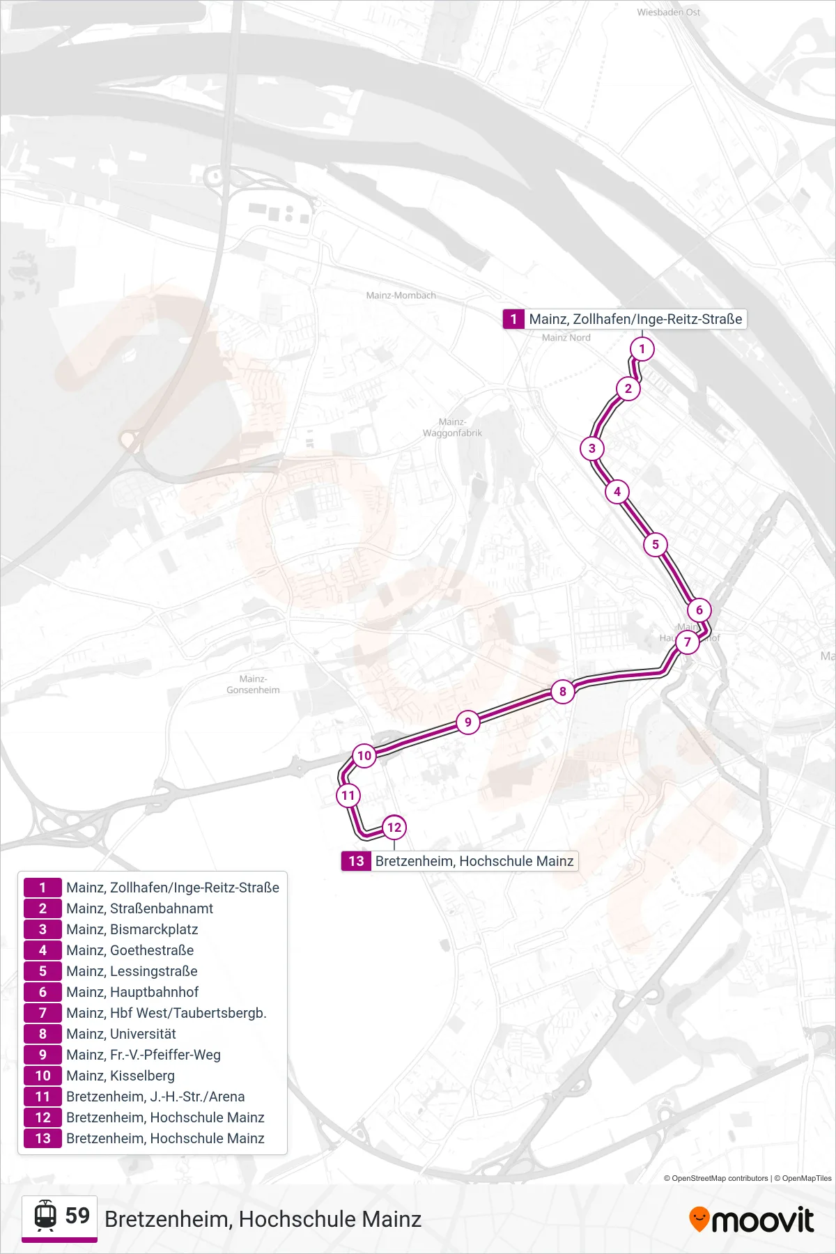 59 light rail Line (Bretzenheim, Hochschule Mainz) route and stops on a map