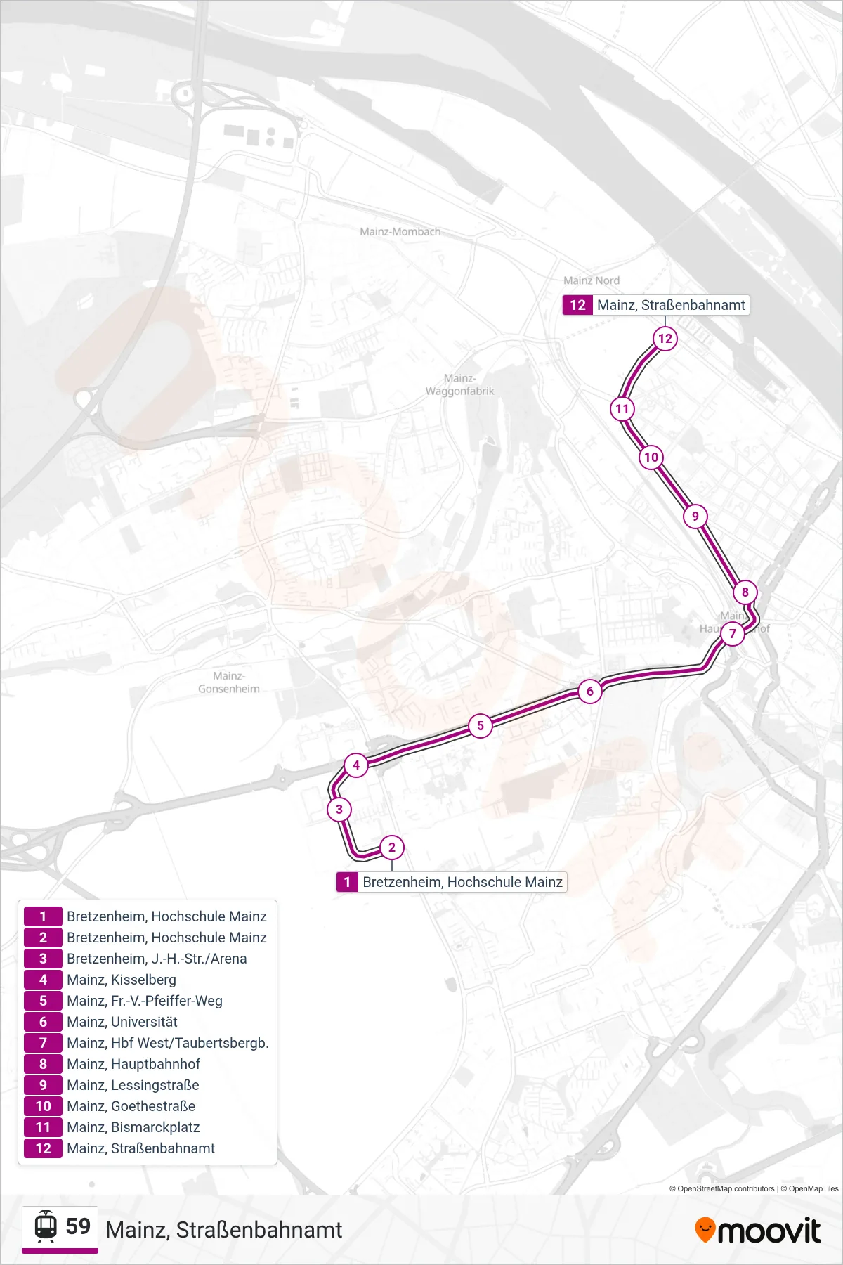 Linie 59 (Tram) Richtung Mainz, Straßenbahnamt: Route und Haltestellen auf der Karte