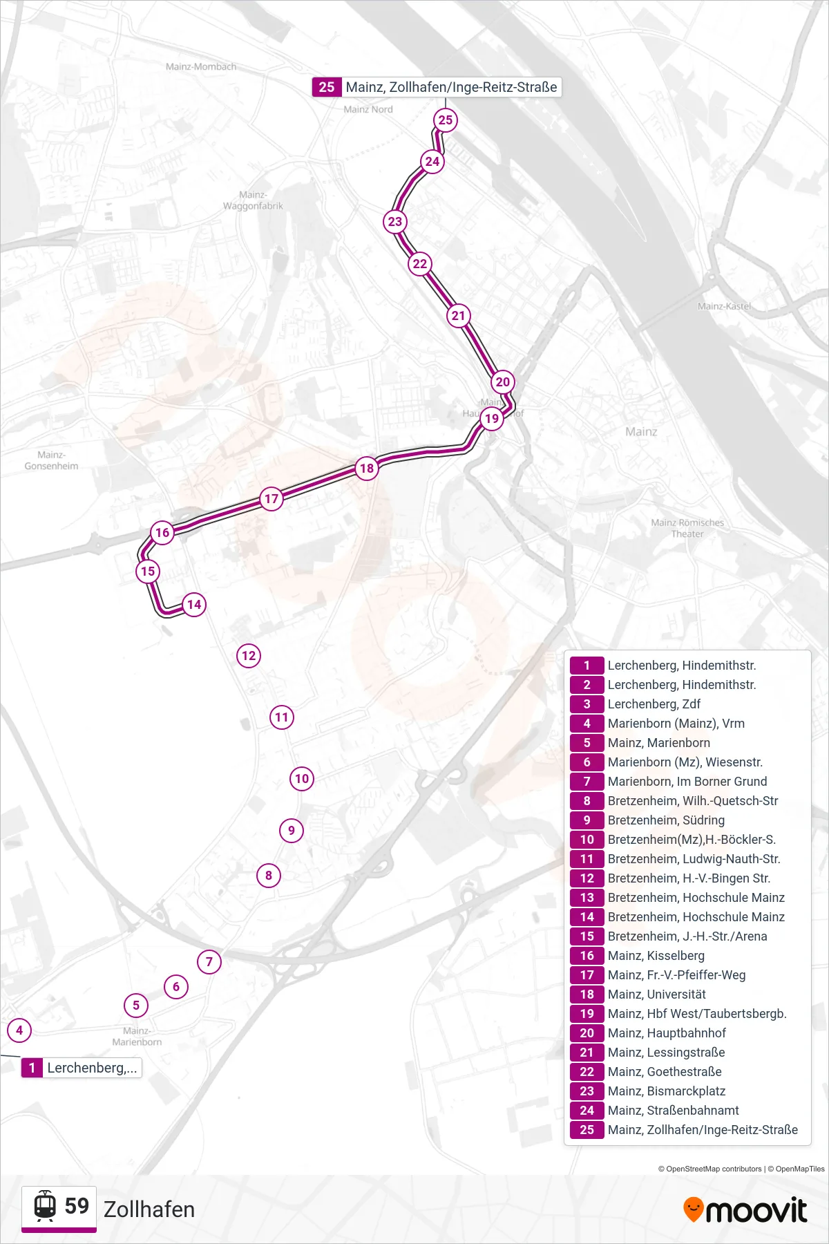 59 light rail Line (Zollhafen) route and stops on a map