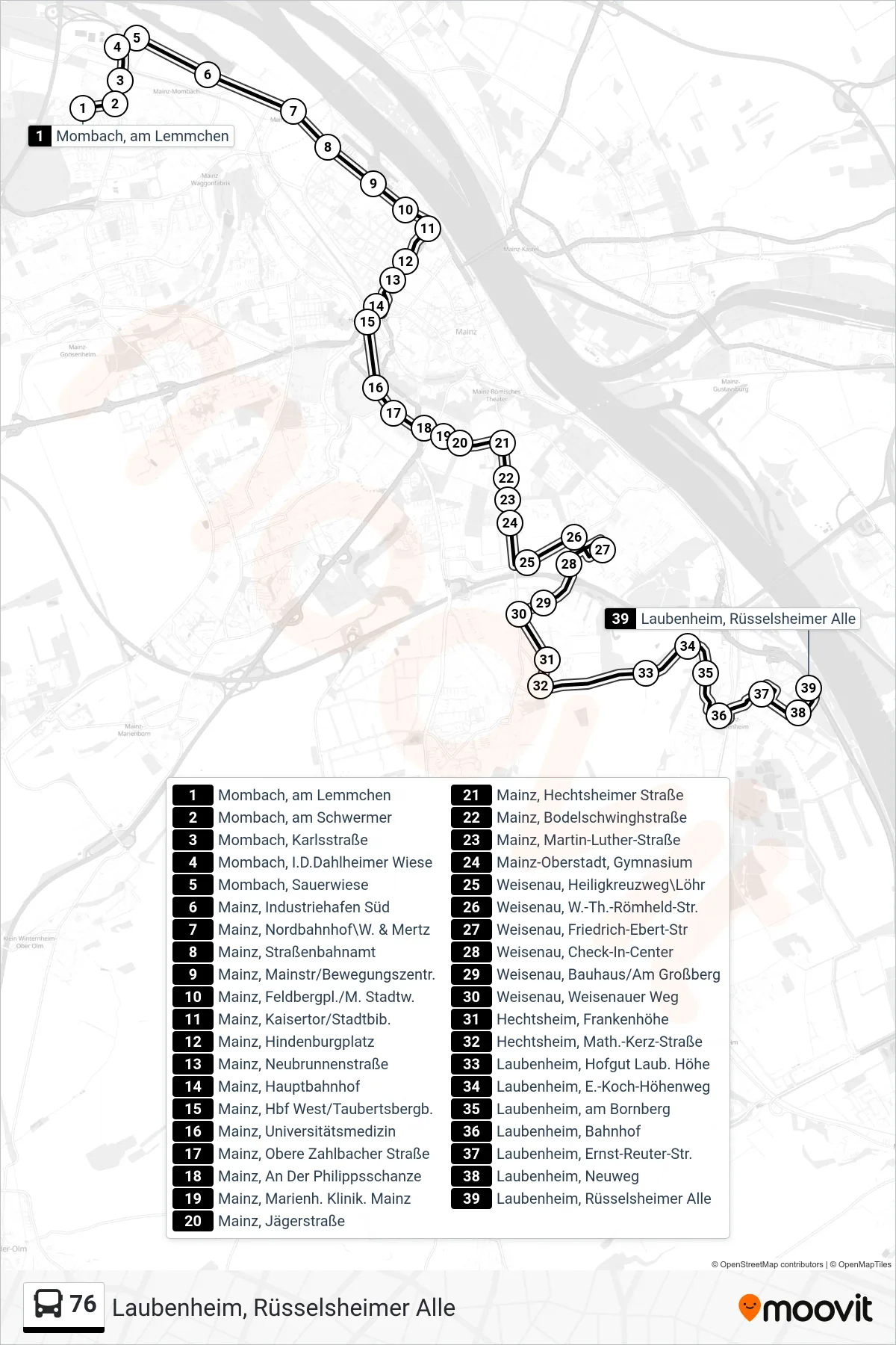 76 bus Line (Laubenheim, Rüsselsheimer Alle) route and stops on a map