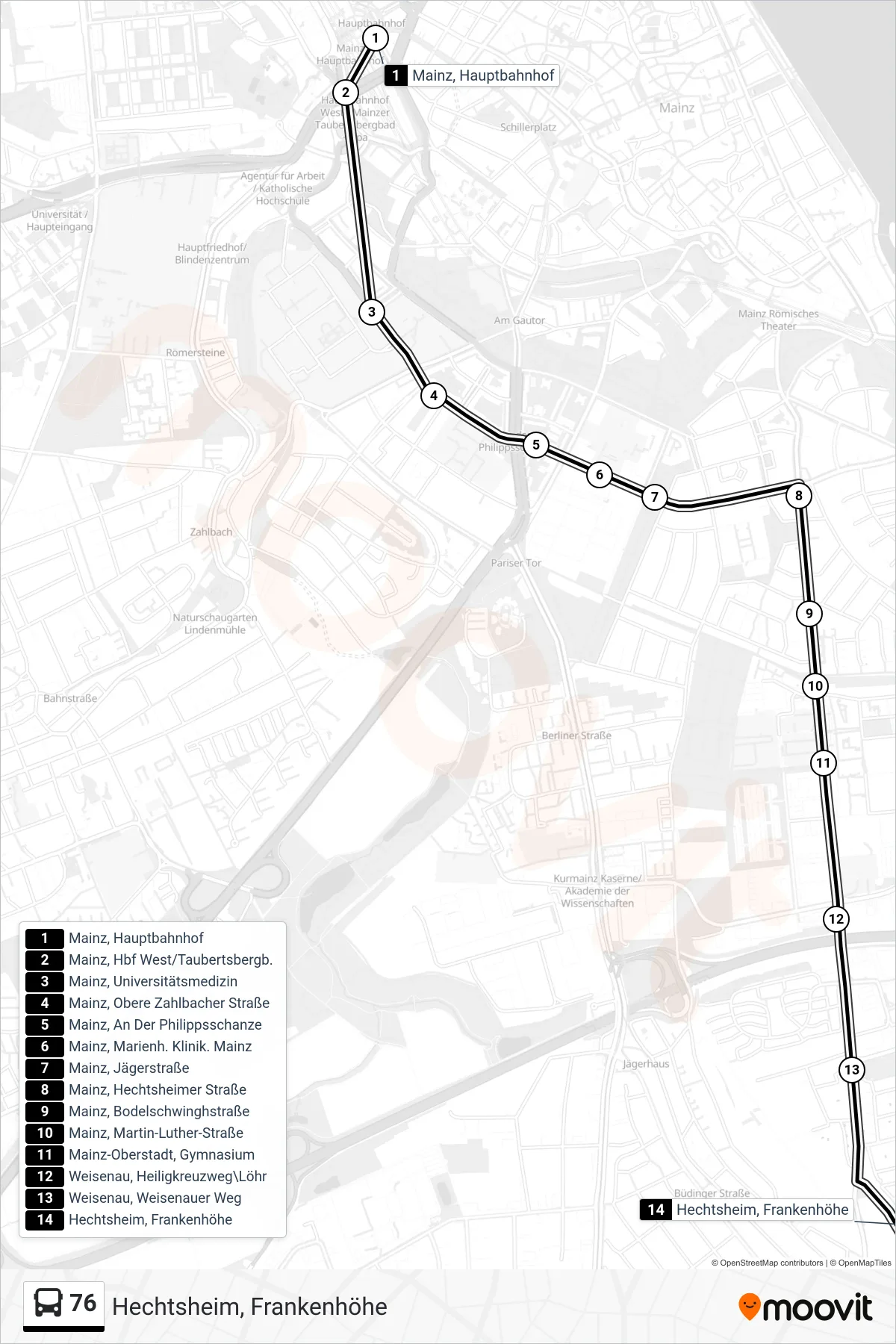 76 bus Line (Hechtsheim, Frankenhöhe) route and stops on a map