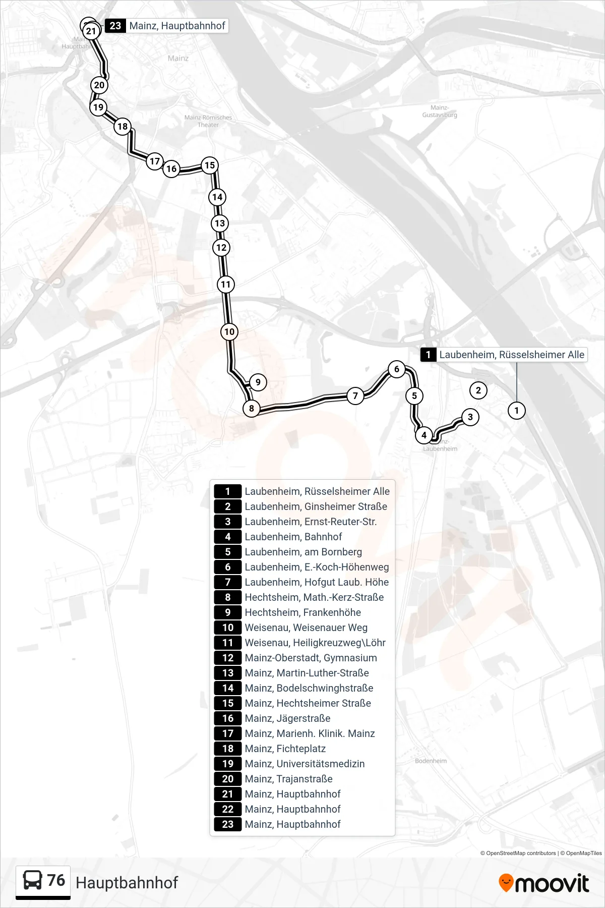 76 bus Line (Hauptbahnhof) route and stops on a map