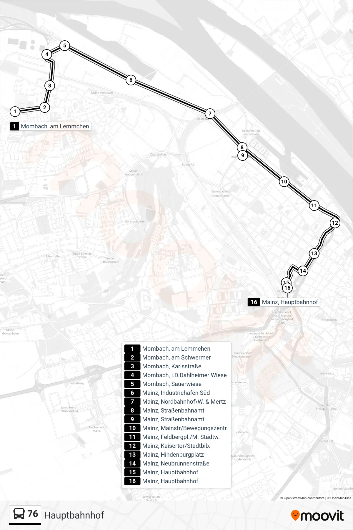 76 bus Line (Hauptbahnhof) route and stops on a map