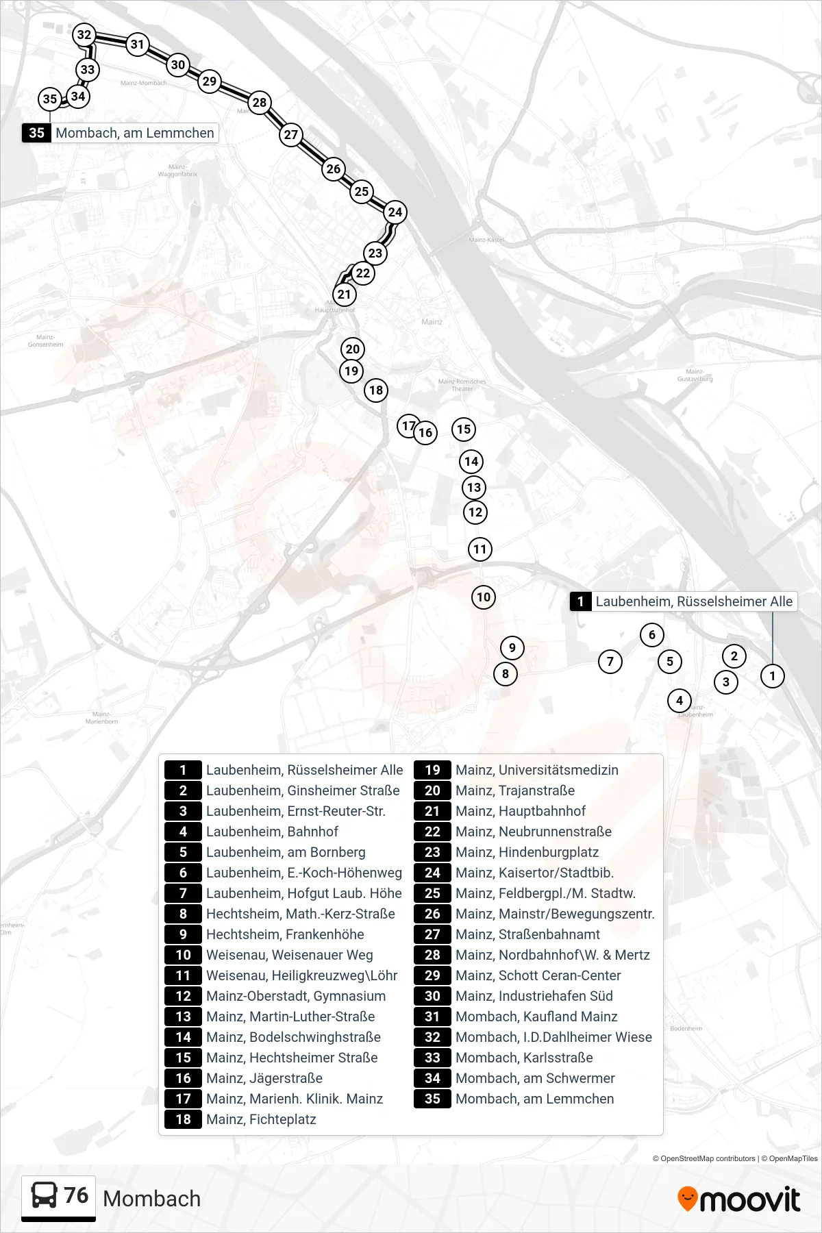 76 bus Line (Mombach) route and stops on a map