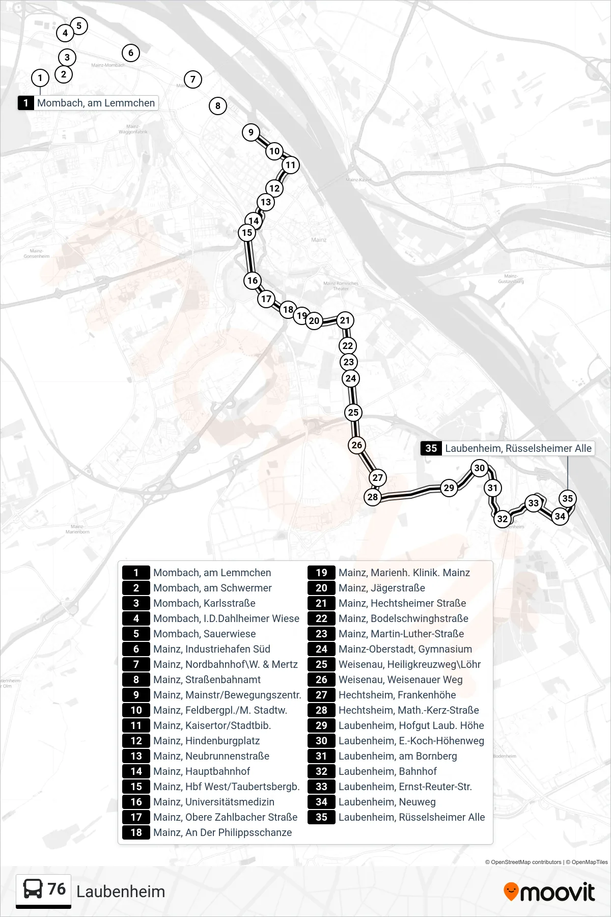 76 bus Line (Laubenheim) route and stops on a map