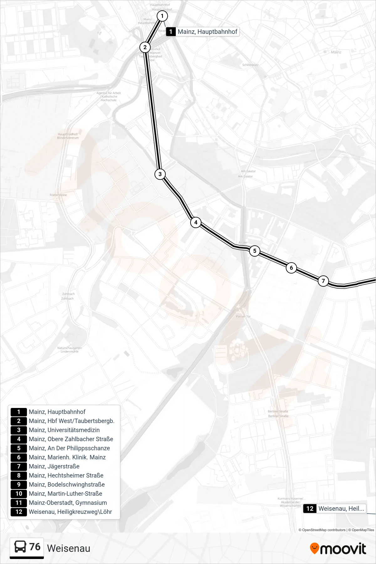 76 bus Line (Weisenau) route and stops on a map