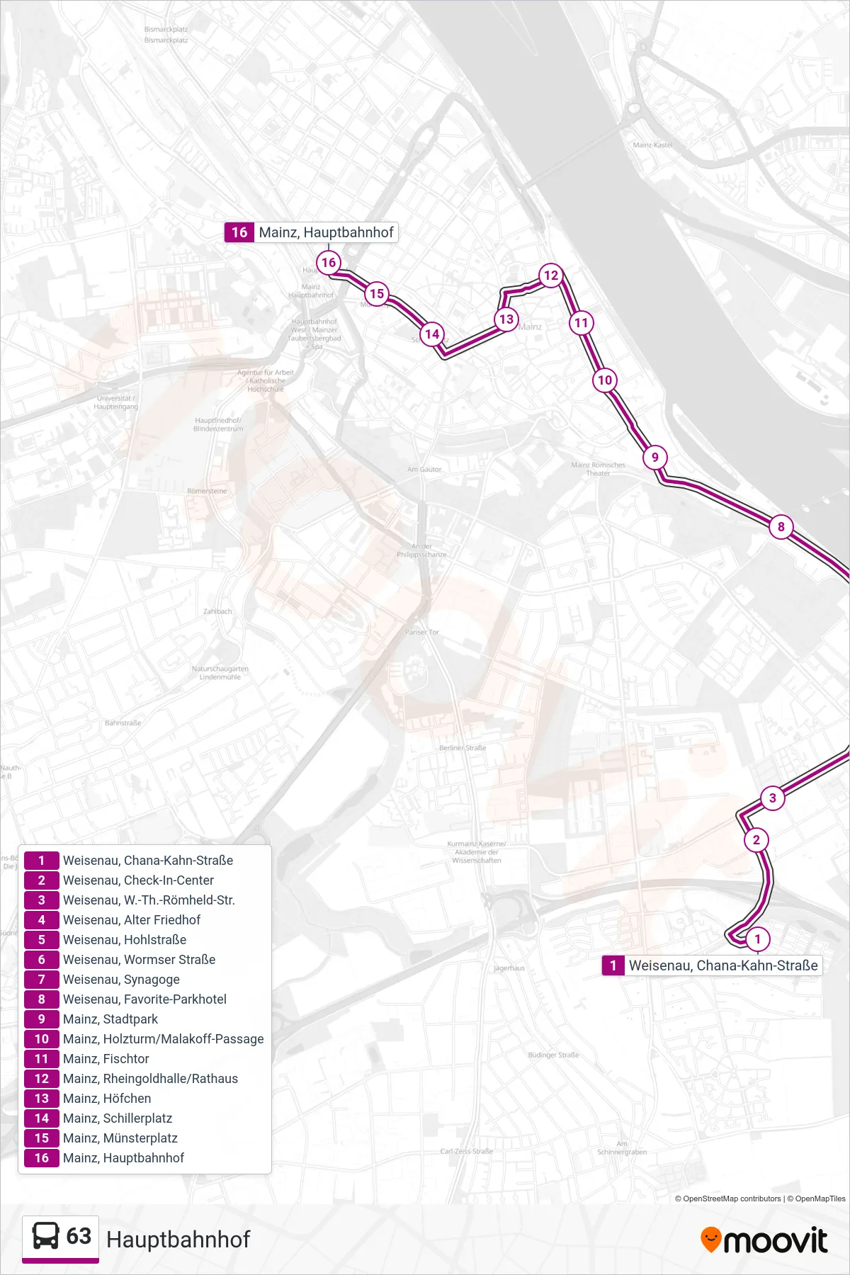 63 bus Line (Hauptbahnhof) route and stops on a map