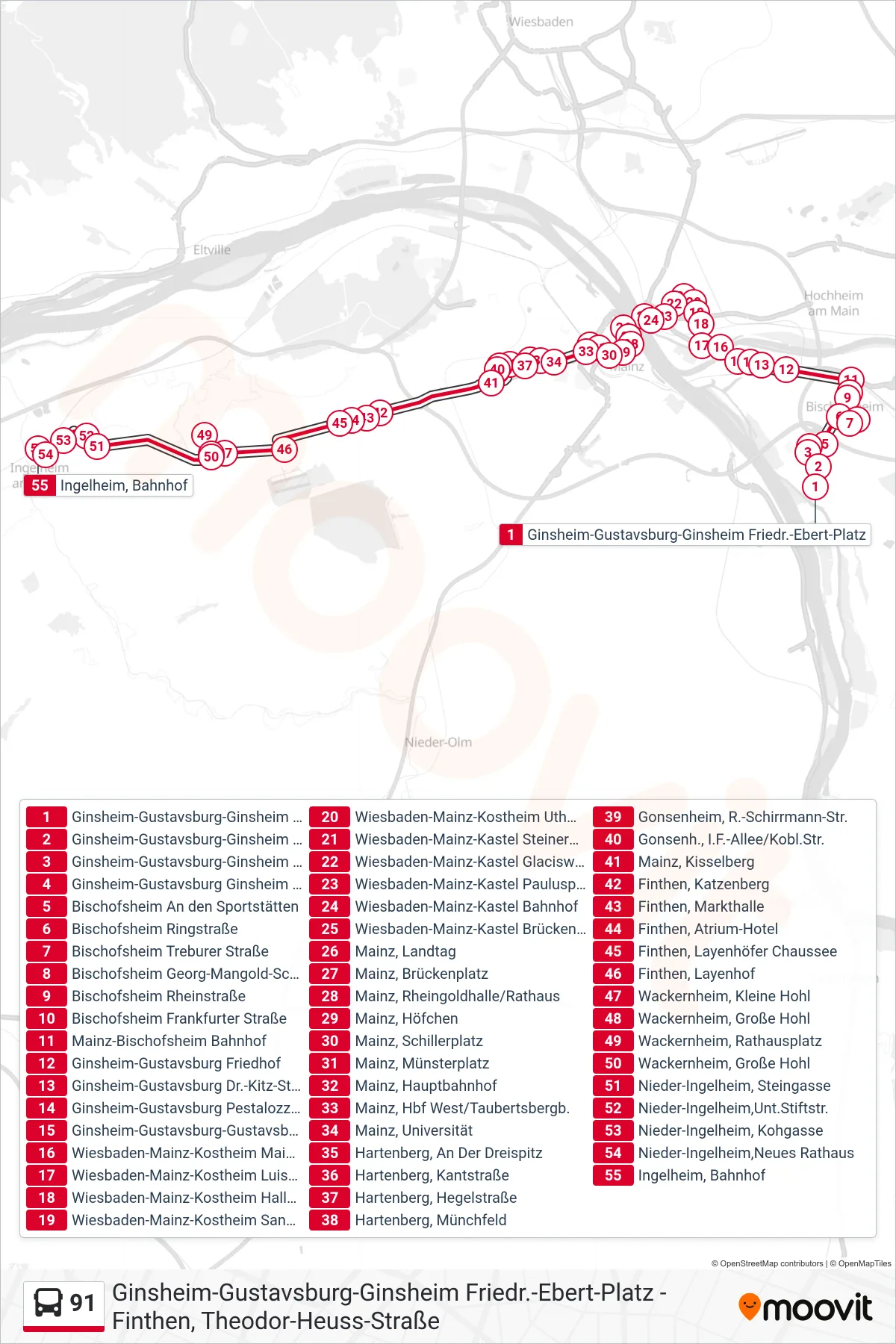 91 bus Line (Ingelheim, Bahnhof) route and stops on a map