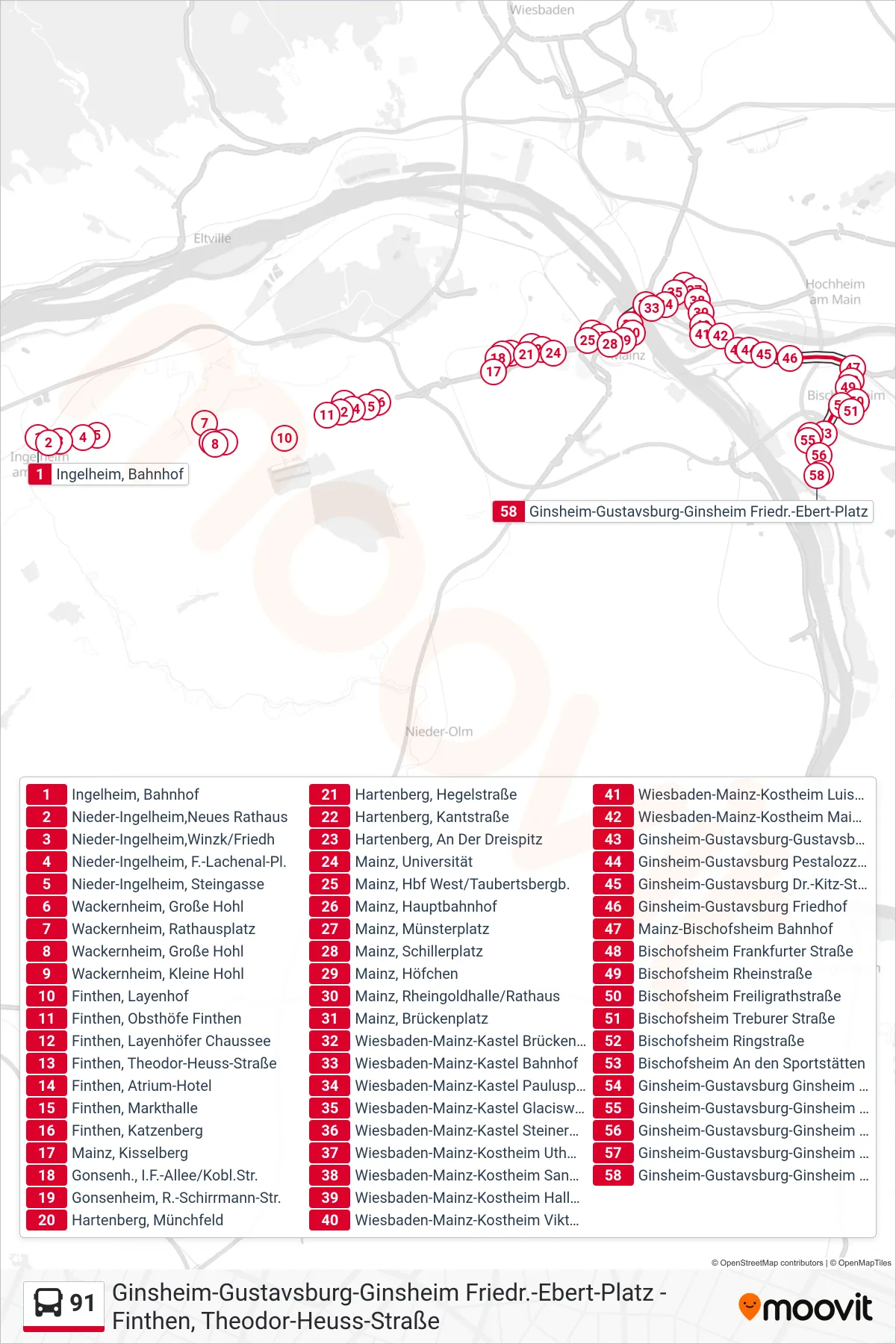 Linie 91 (Bus) Richtung Ginsheim-Gustavsburg-Ginsheim Friedr.-Ebert-Platz: Route und Haltestellen auf der Karte
