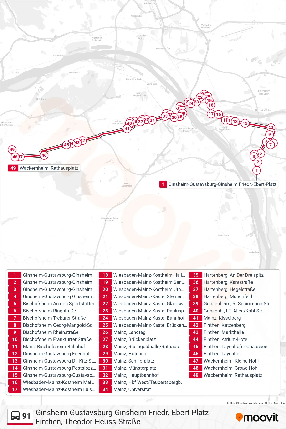 91 bus Line (Wackernheim, Rathausplatz) route and stops on a map