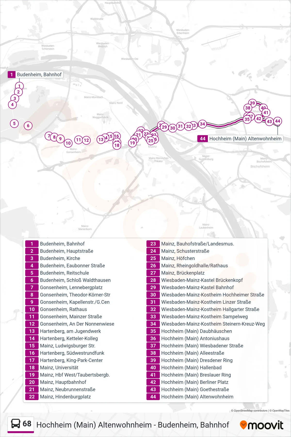 68 bus Line (Hochheim (Main) Altenwohnheim) route and stops on a map