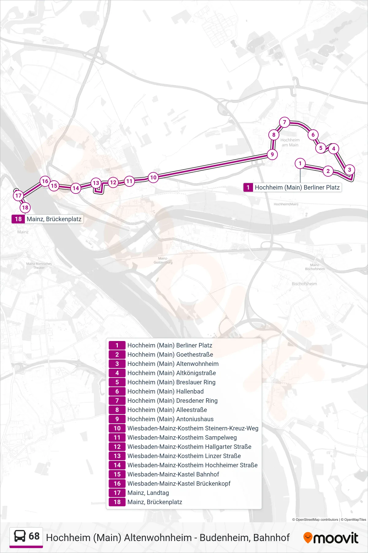 68 bus Line (Mainz, Brückenplatz) route and stops on a map