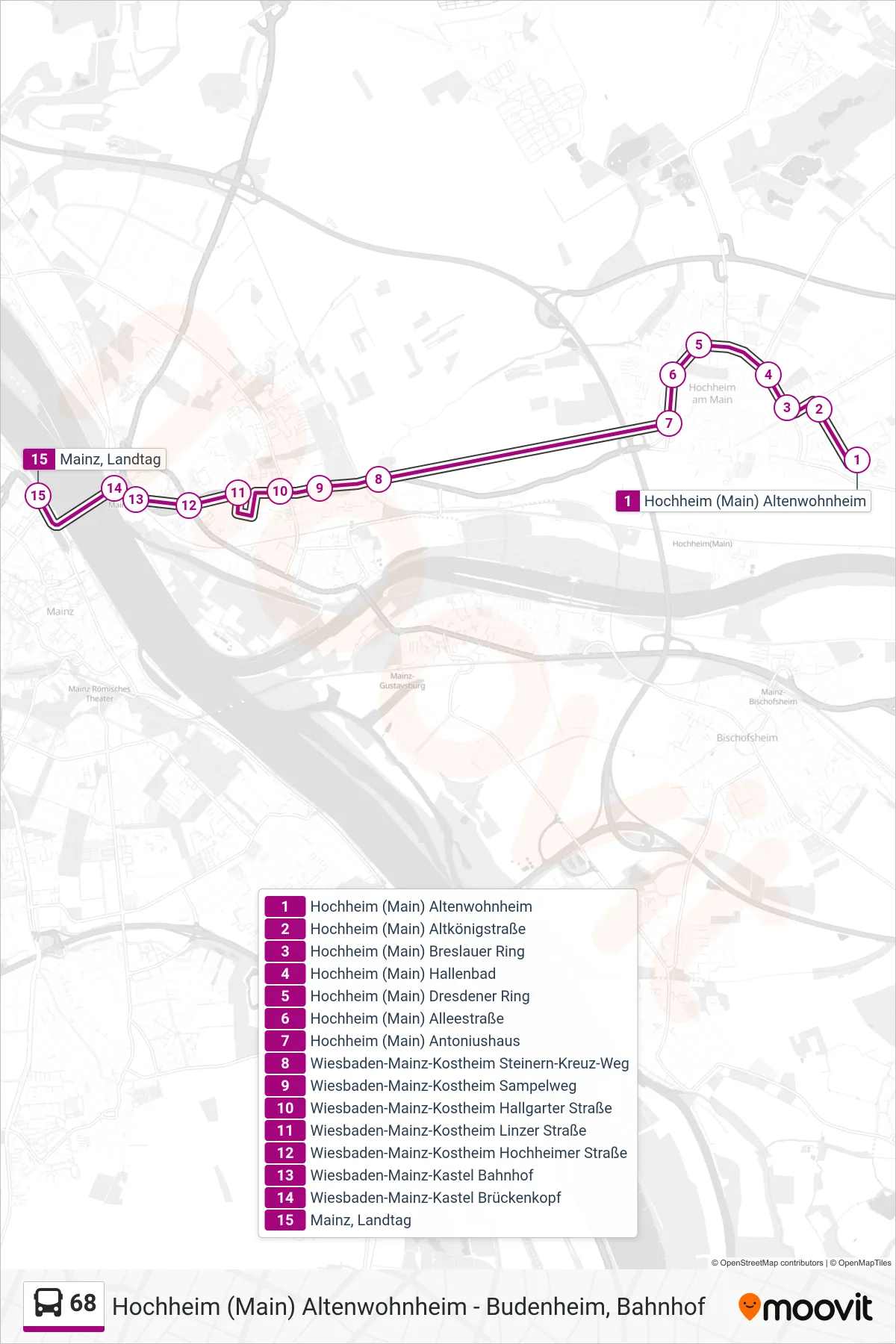 68 bus Line (Mainz, Landtag) route and stops on a map