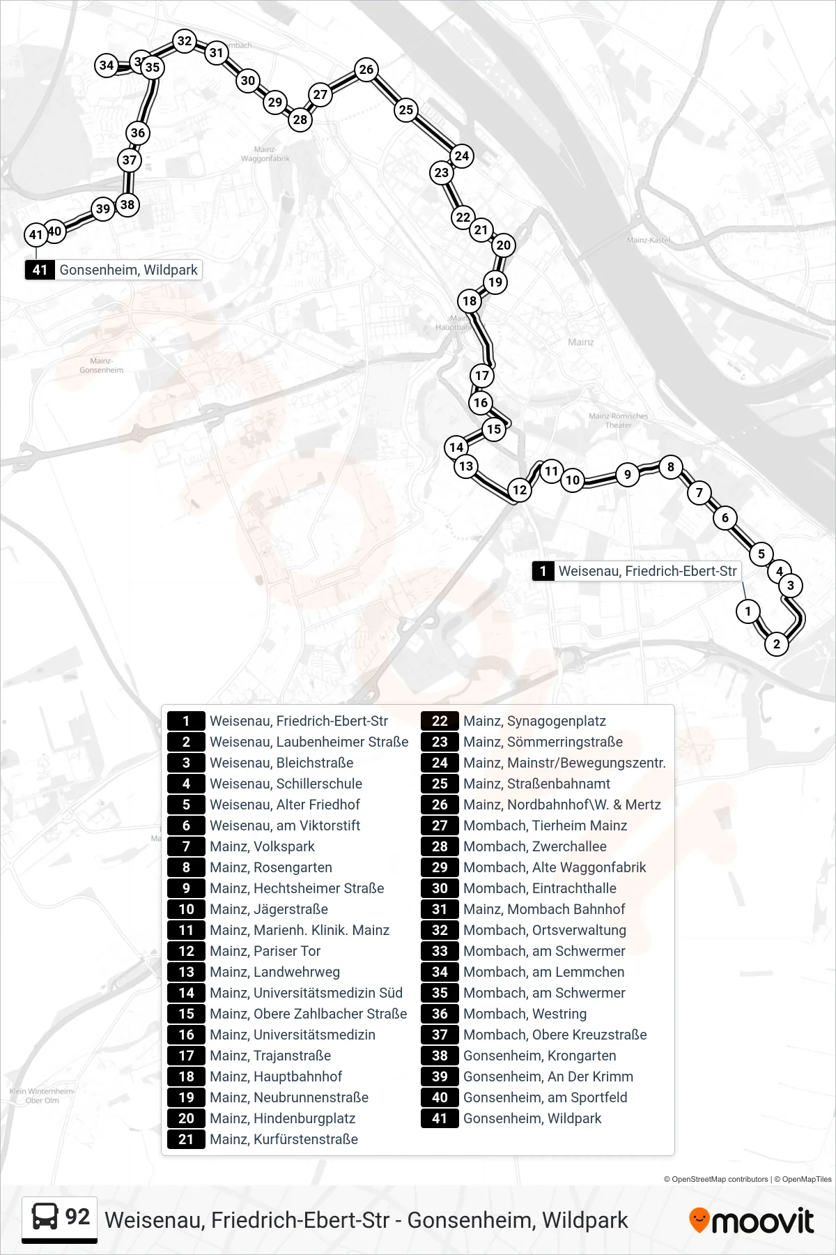 92 bus Line (Gonsenheim, Wildpark) route and stops on a map