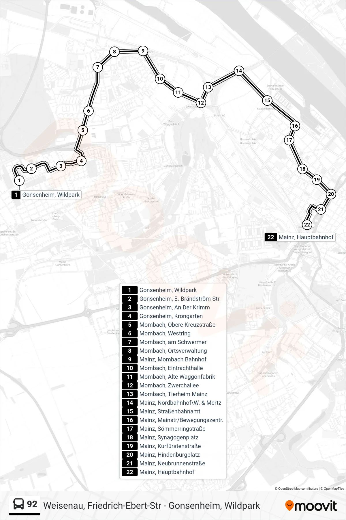 92 bus Line (Hauptbahnhof) route and stops on a map