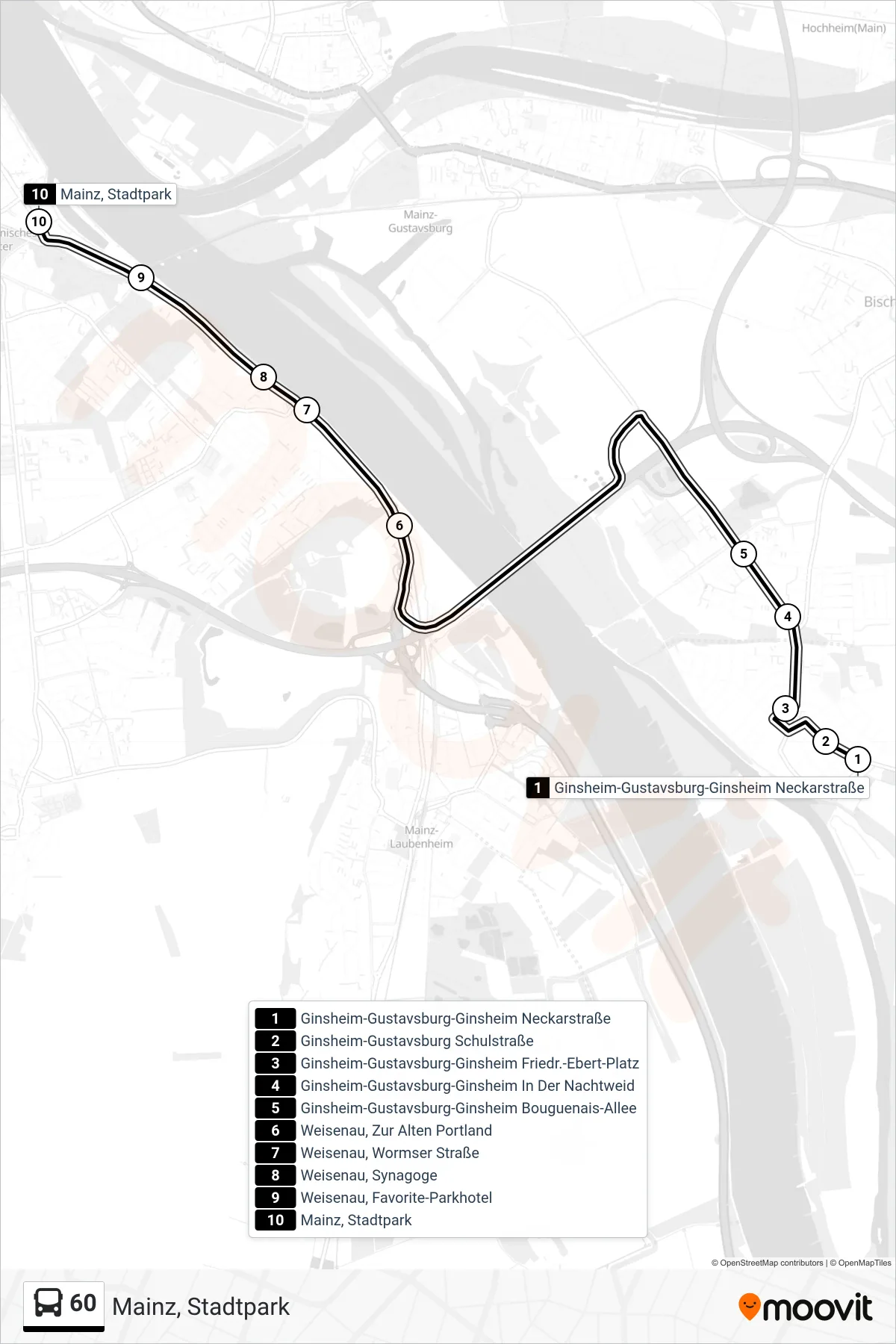 60 bus Line (Mainz, Stadtpark) route and stops on a map