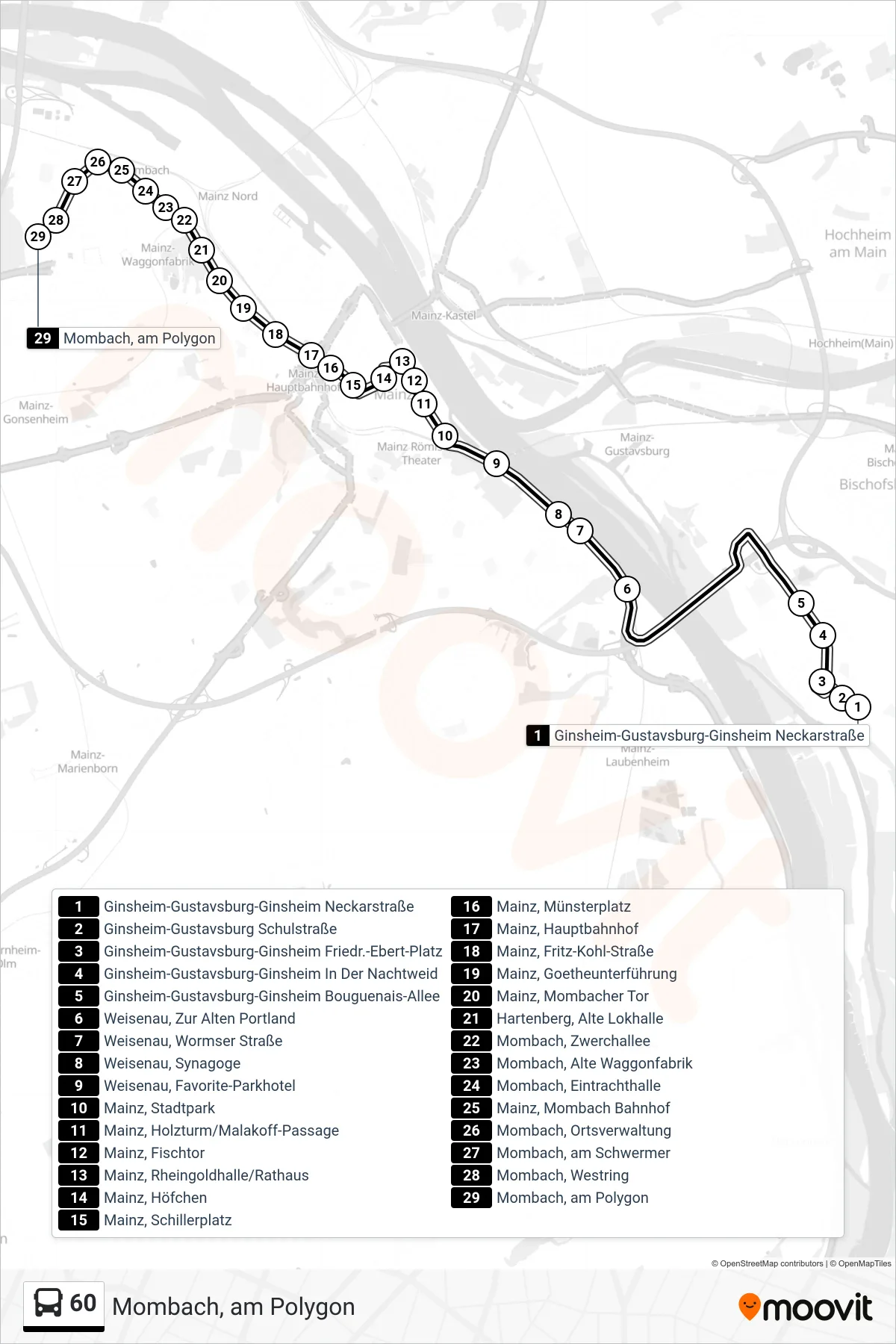 60 bus Line (Mombach, am Polygon) route and stops on a map