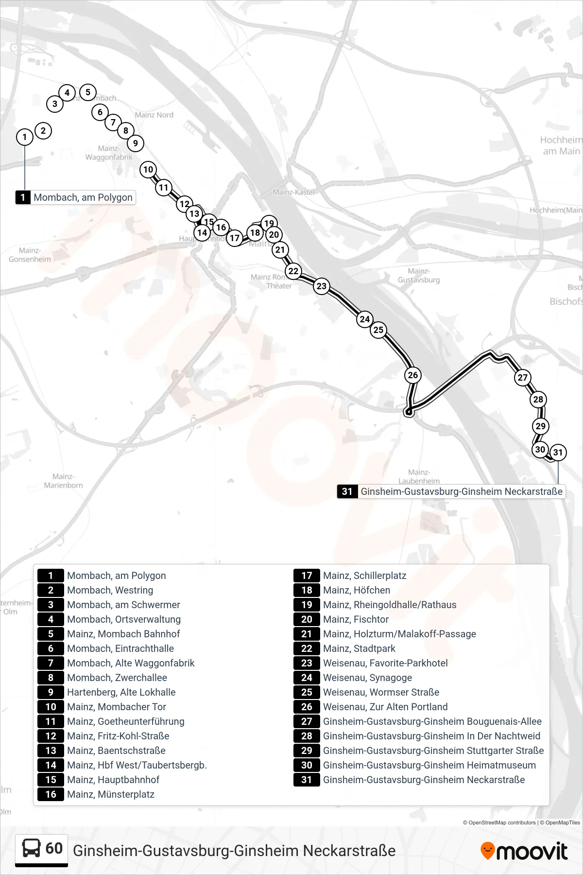 60 bus Line (Ginsheim-Gustavsburg-Ginsheim Neckarstraße) route and stops on a map