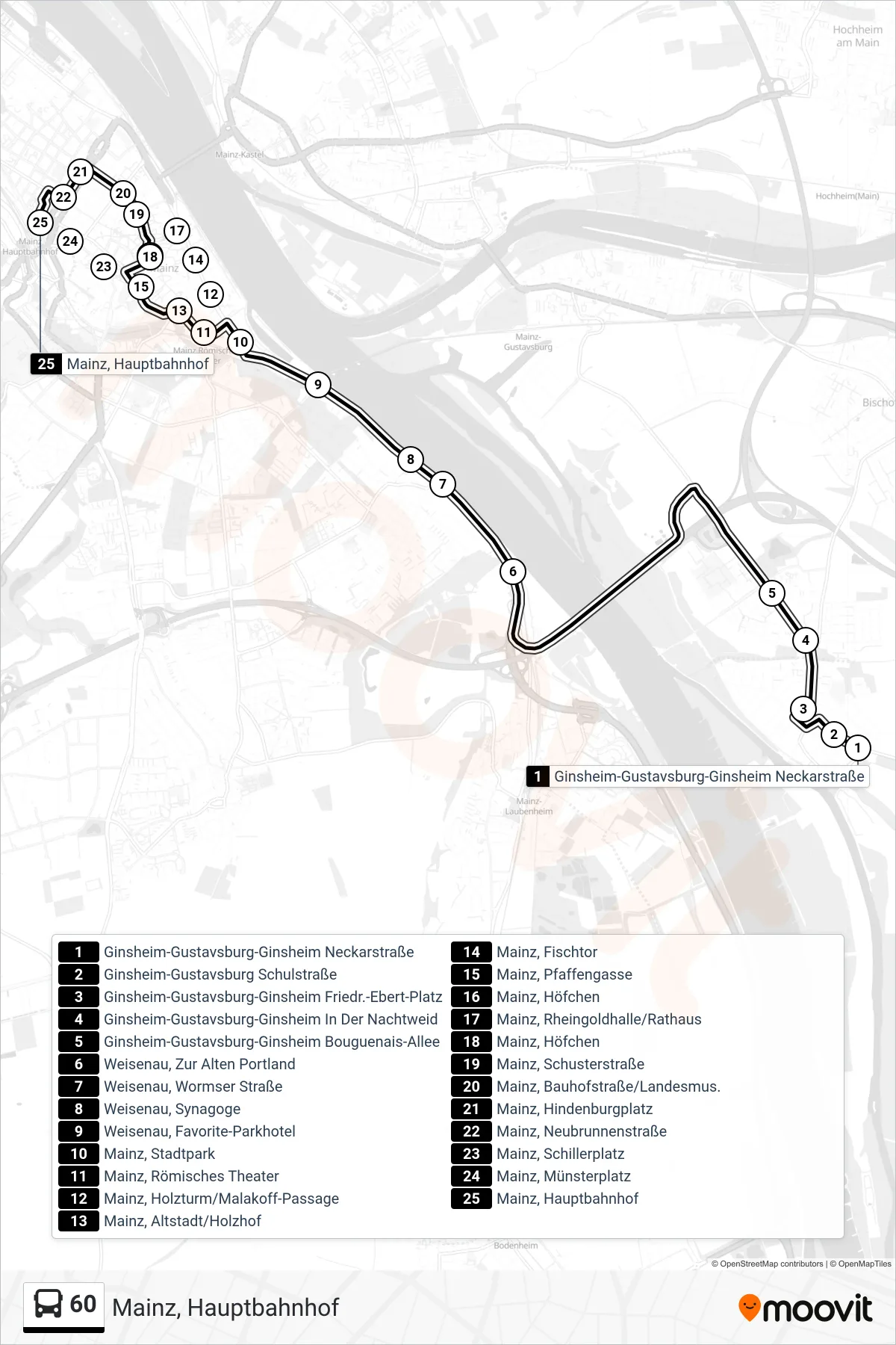 Linie 60 (Bus) Richtung Mainz, Hauptbahnhof: Route und Haltestellen auf der Karte