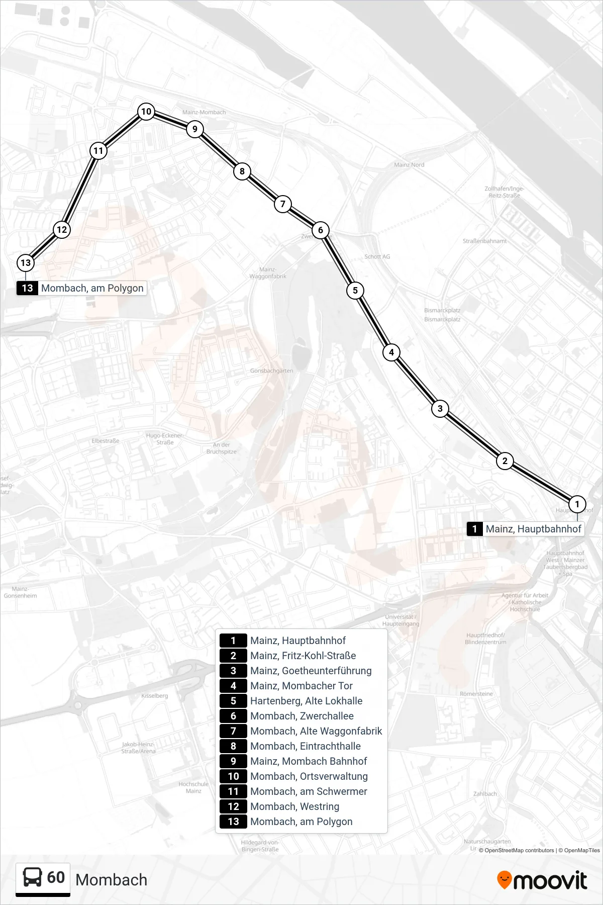 60 bus Line (Mombach) route and stops on a map