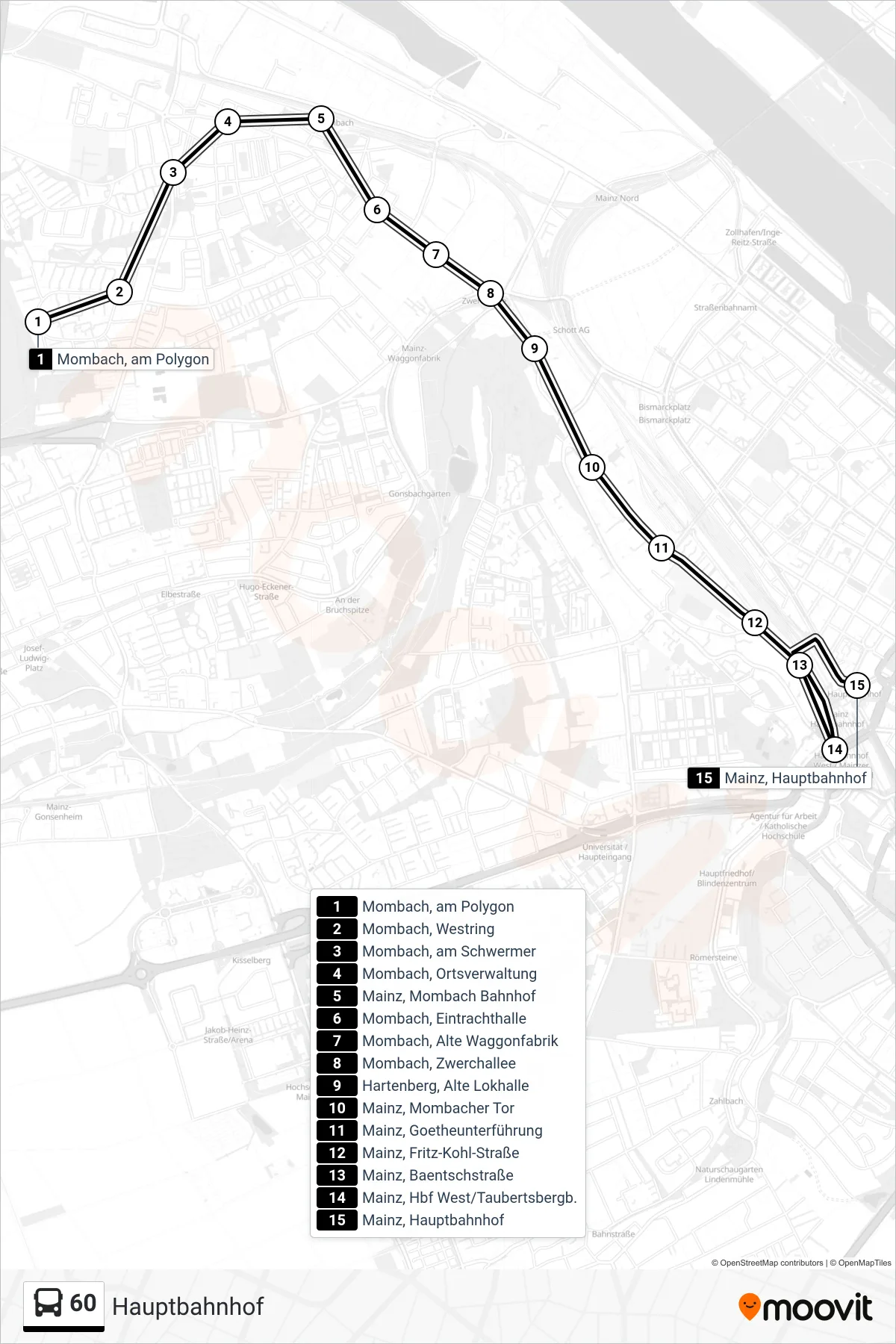 60 bus Line (Hauptbahnhof) route and stops on a map