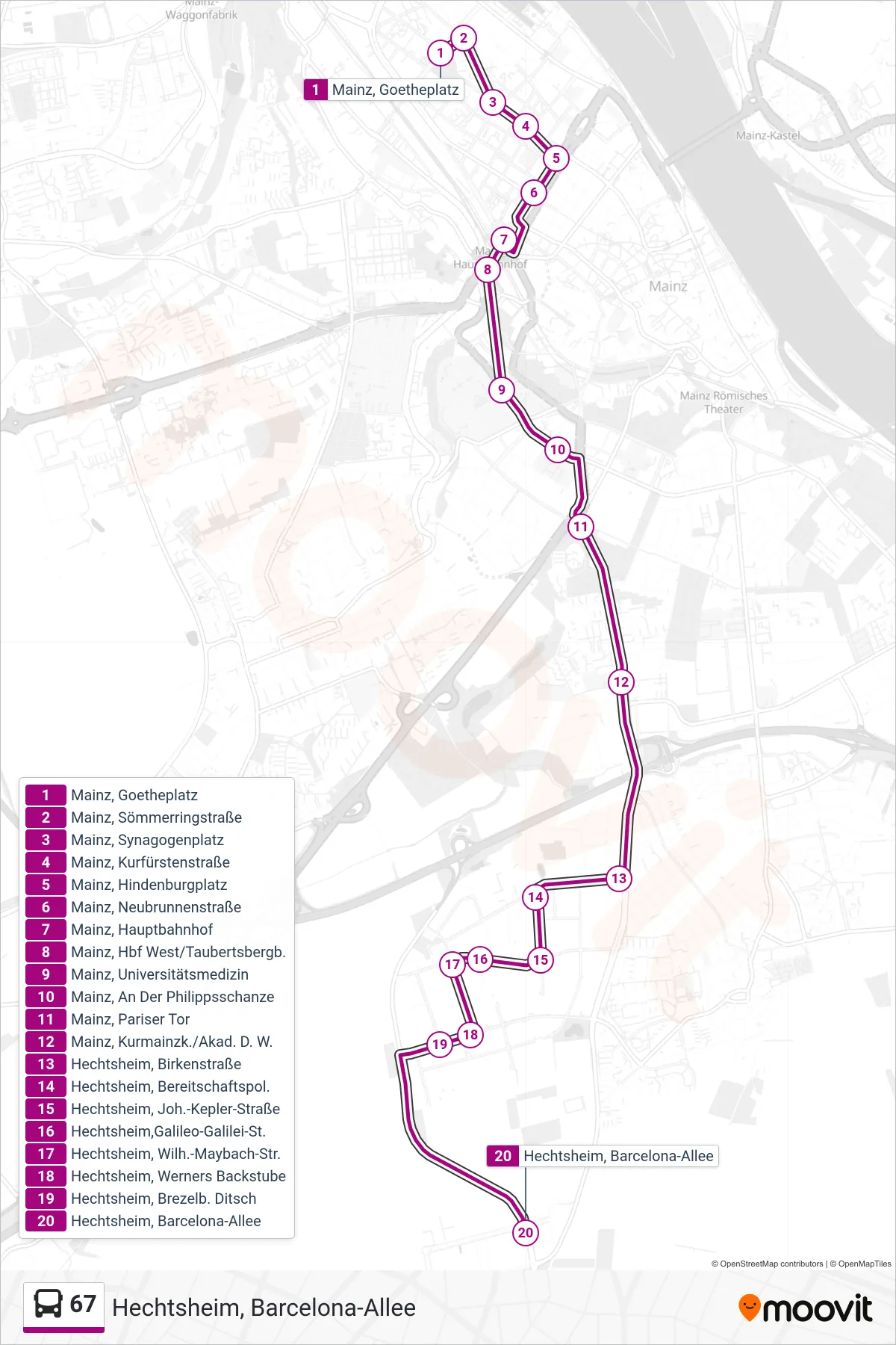 Linie 67 (Bus) Richtung Hechtsheim, Barcelona-Allee: Route und Haltestellen auf der Karte