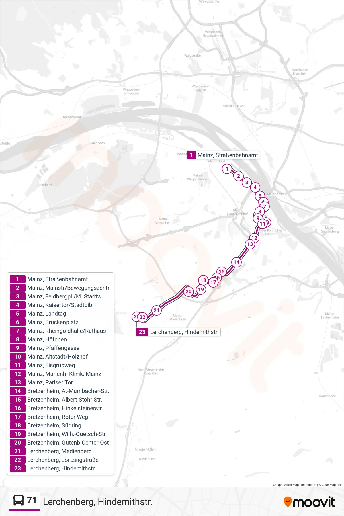 71 bus Line (Lerchenberg, Hindemithstr.) route and stops on a map