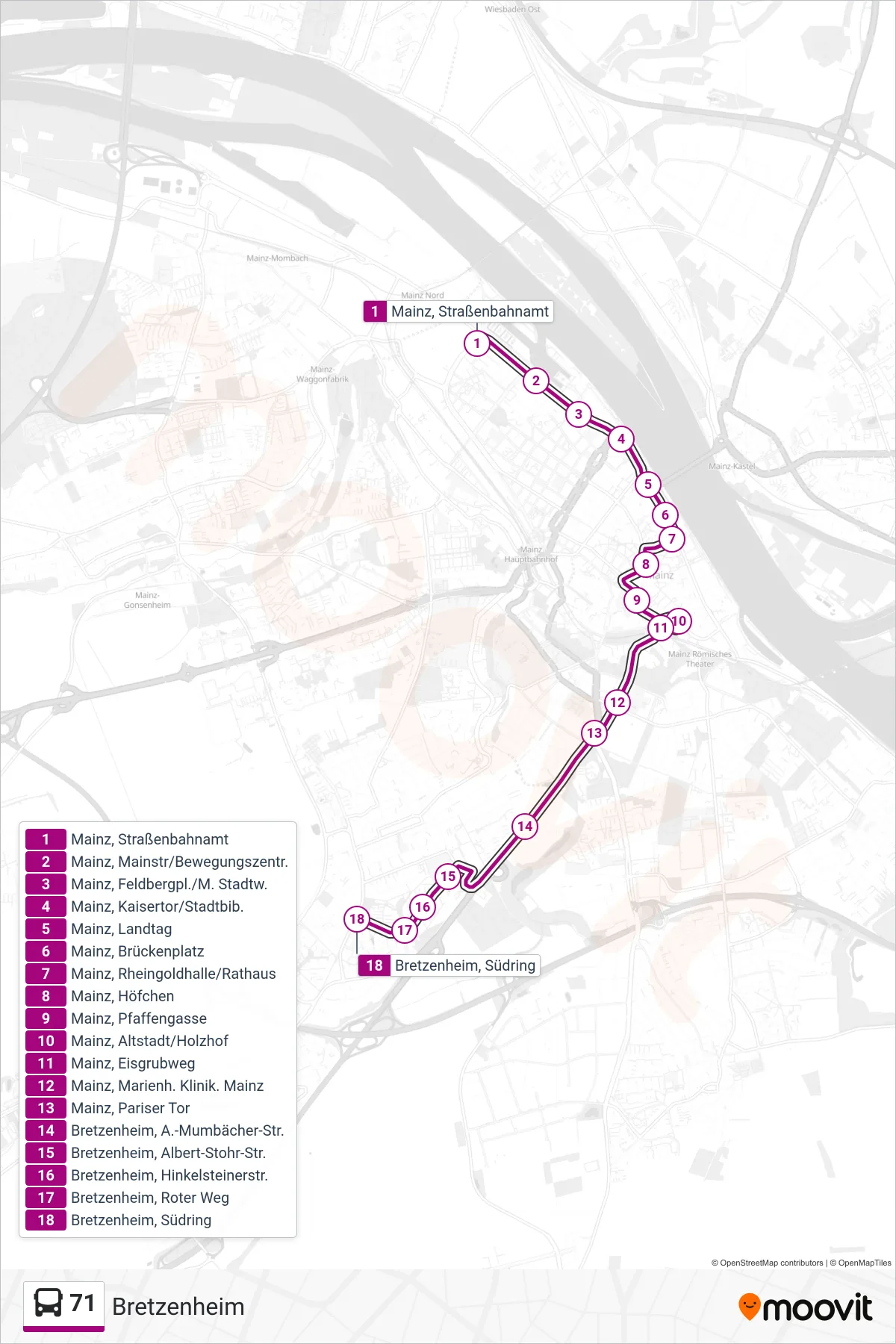 71 bus Line (Bretzenheim) route and stops on a map