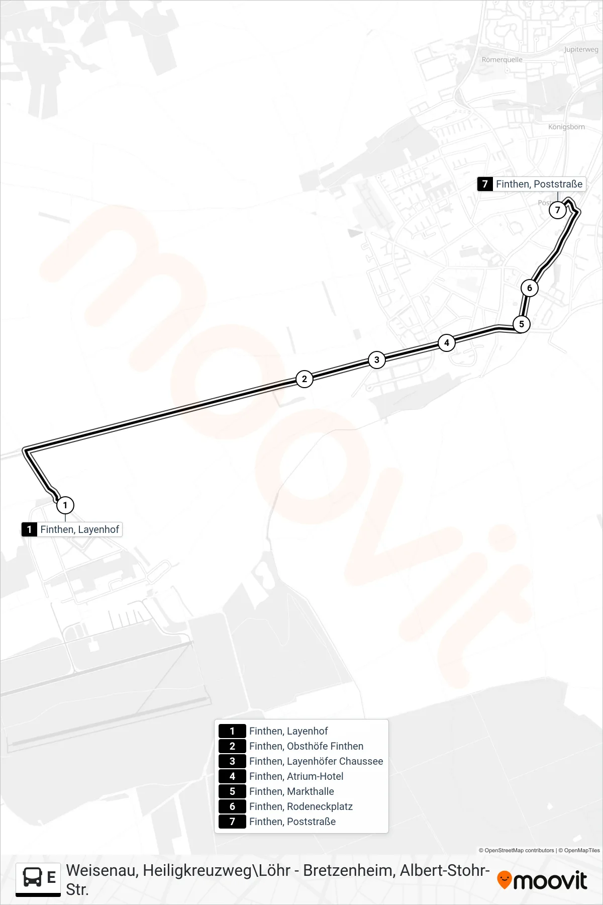 E bus Line (Finthen) route and stops on a map