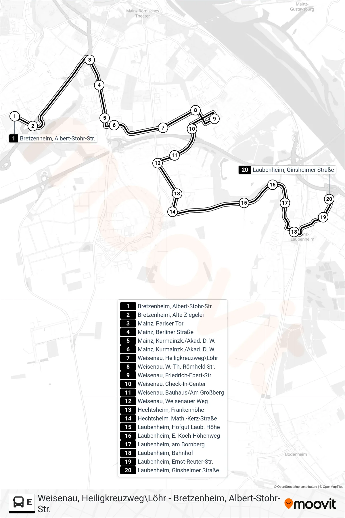 E bus Line (Laubenheim, Ginsheimer Straße) route and stops on a map