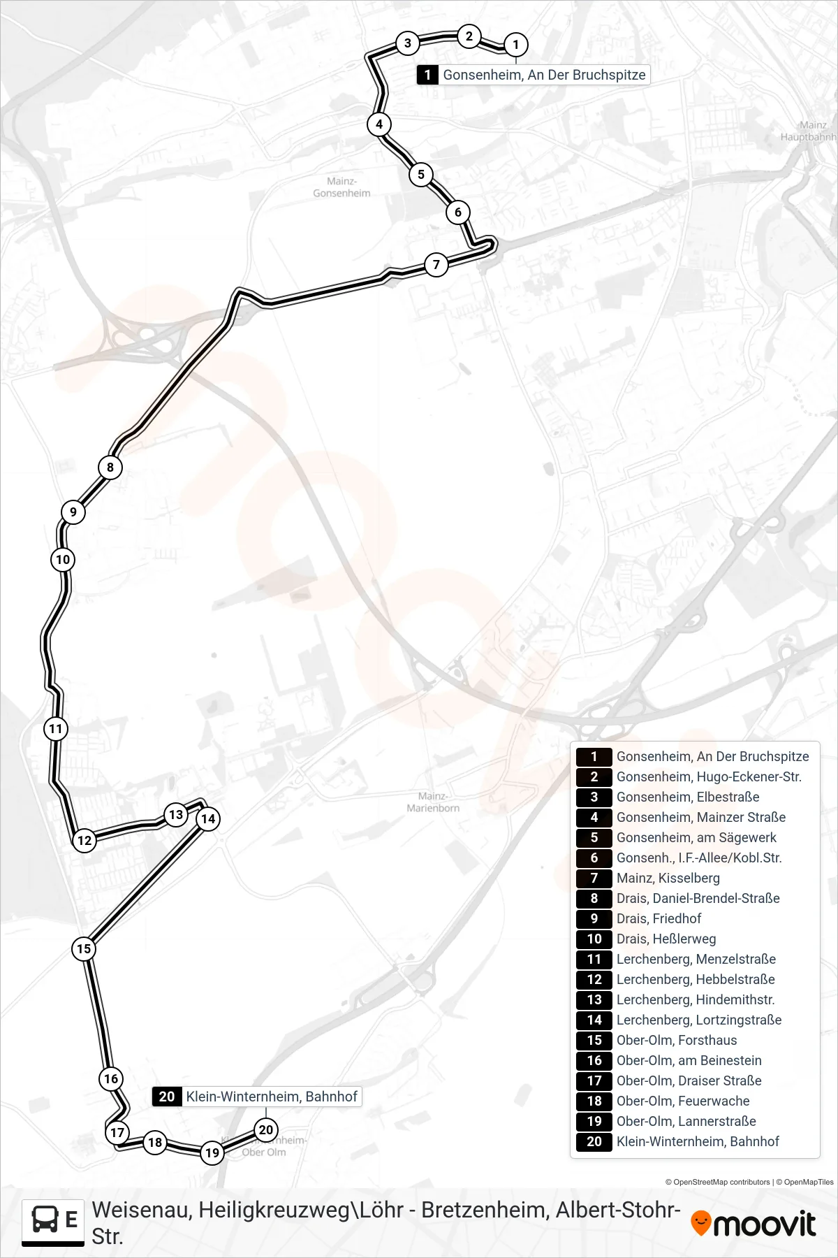 E bus Line (Klein-Winternheim, Bahnhof) route and stops on a map
