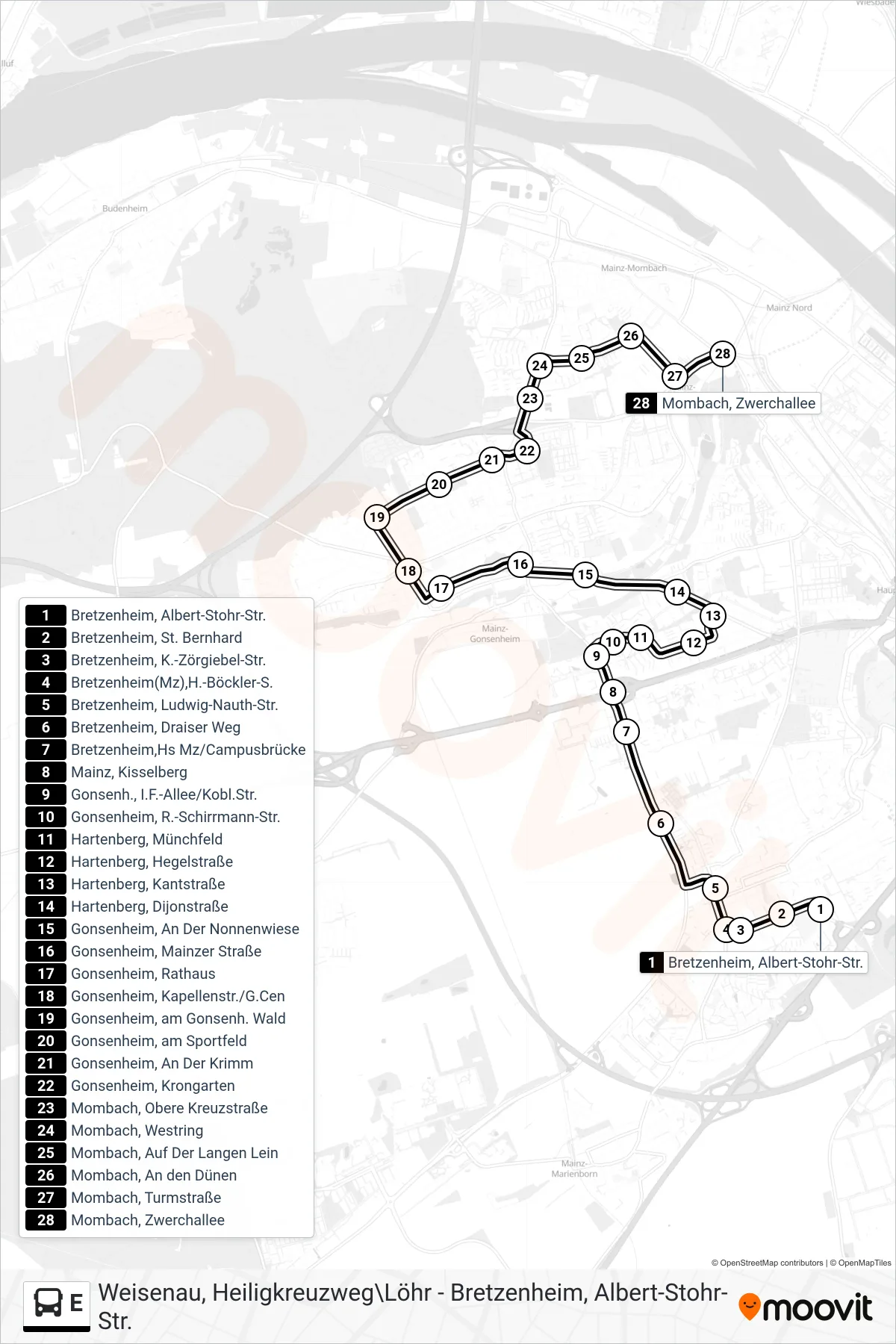 E bus Line (Mombach, Zwerchallee) route and stops on a map