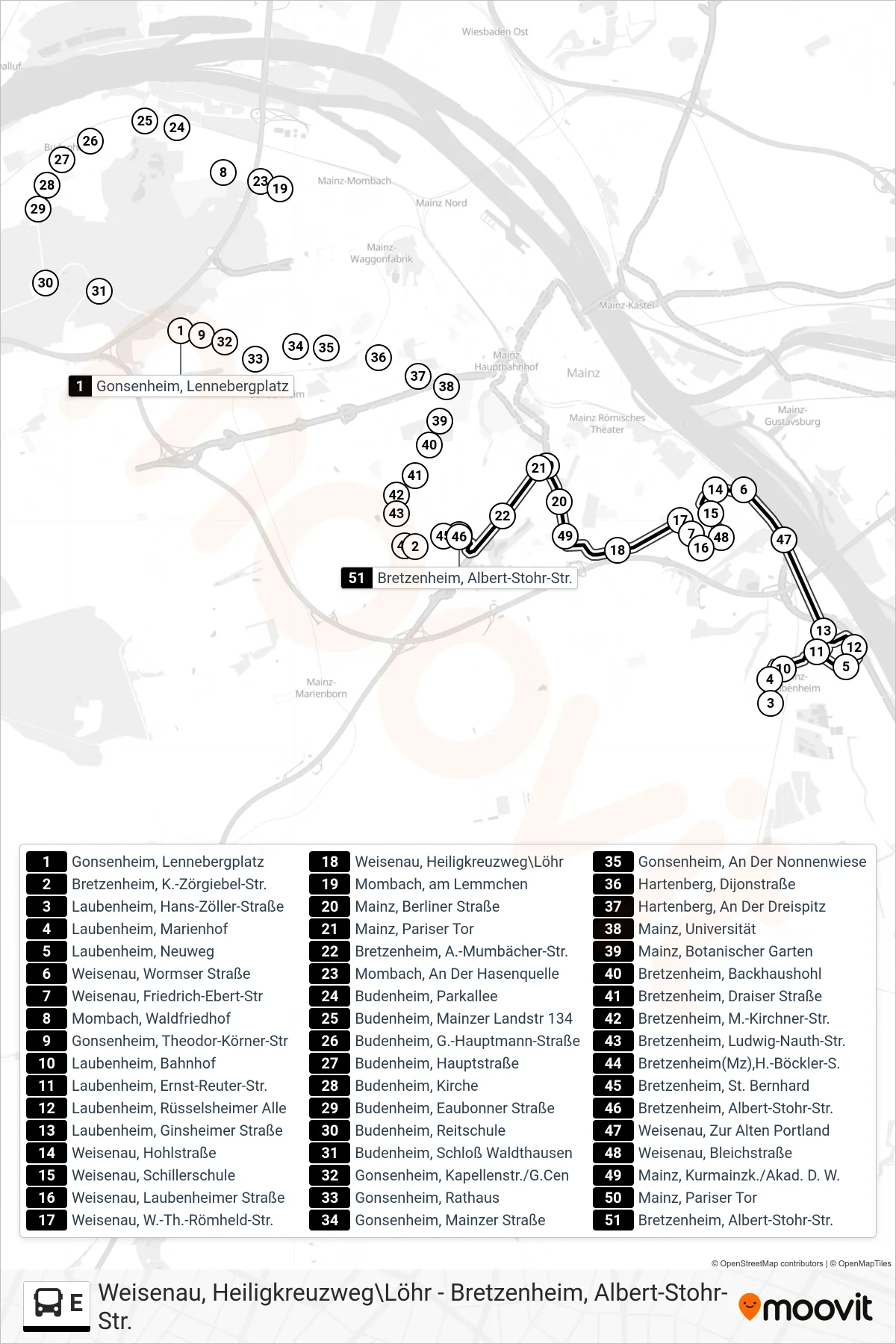 E bus Line (Bretzenheim, Albert-Stohr-Str.) route and stops on a map