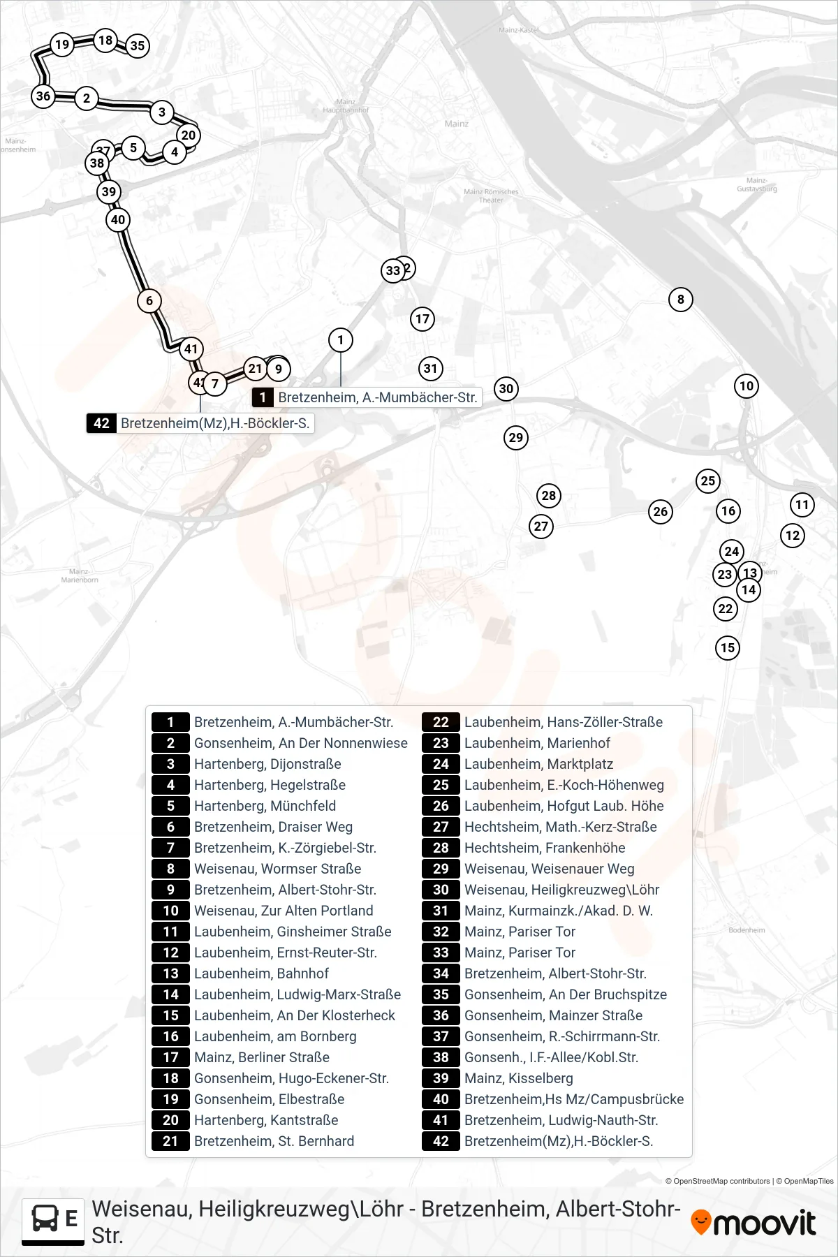 E bus Line (Igs Bretzenheim) route and stops on a map