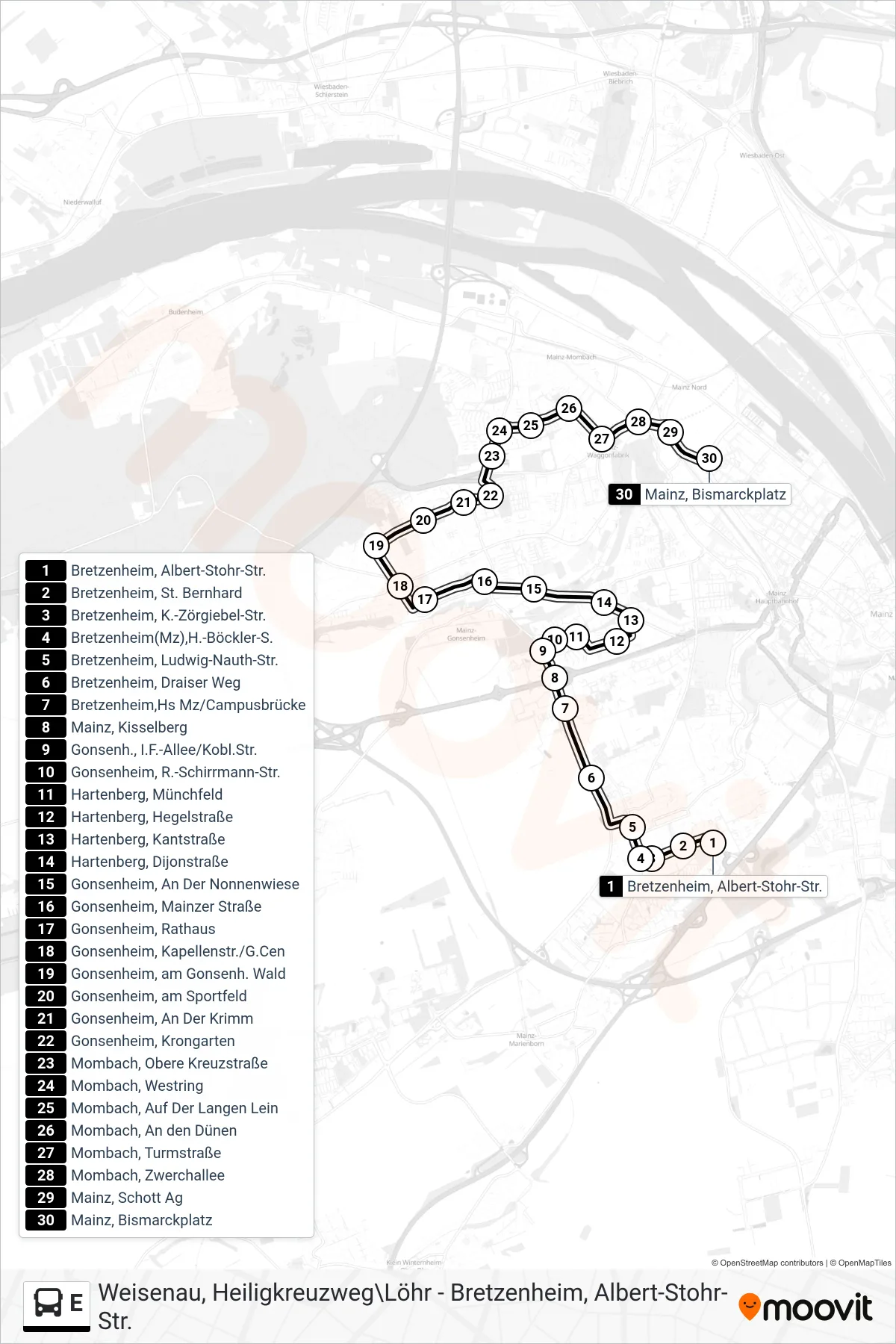 E bus Line (Mainz, Bismarckplatz) route and stops on a map