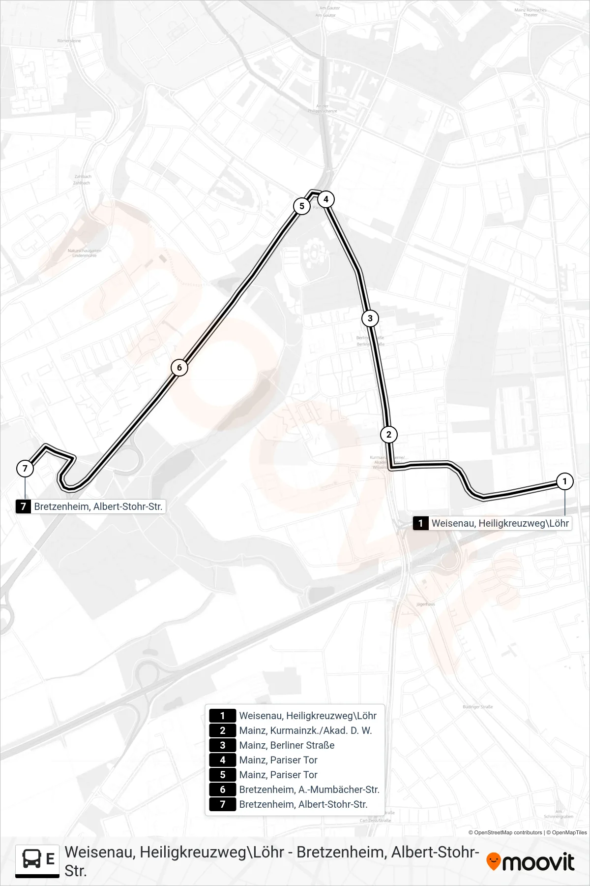 E bus Line (Finthen/Poststr.//Ü. Lerchenberg) route and stops on a map