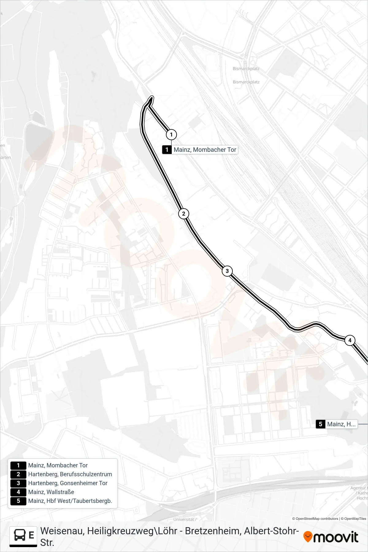 Linie E (Bus) Richtung Hauptbahnhof West: Route und Haltestellen auf der Karte