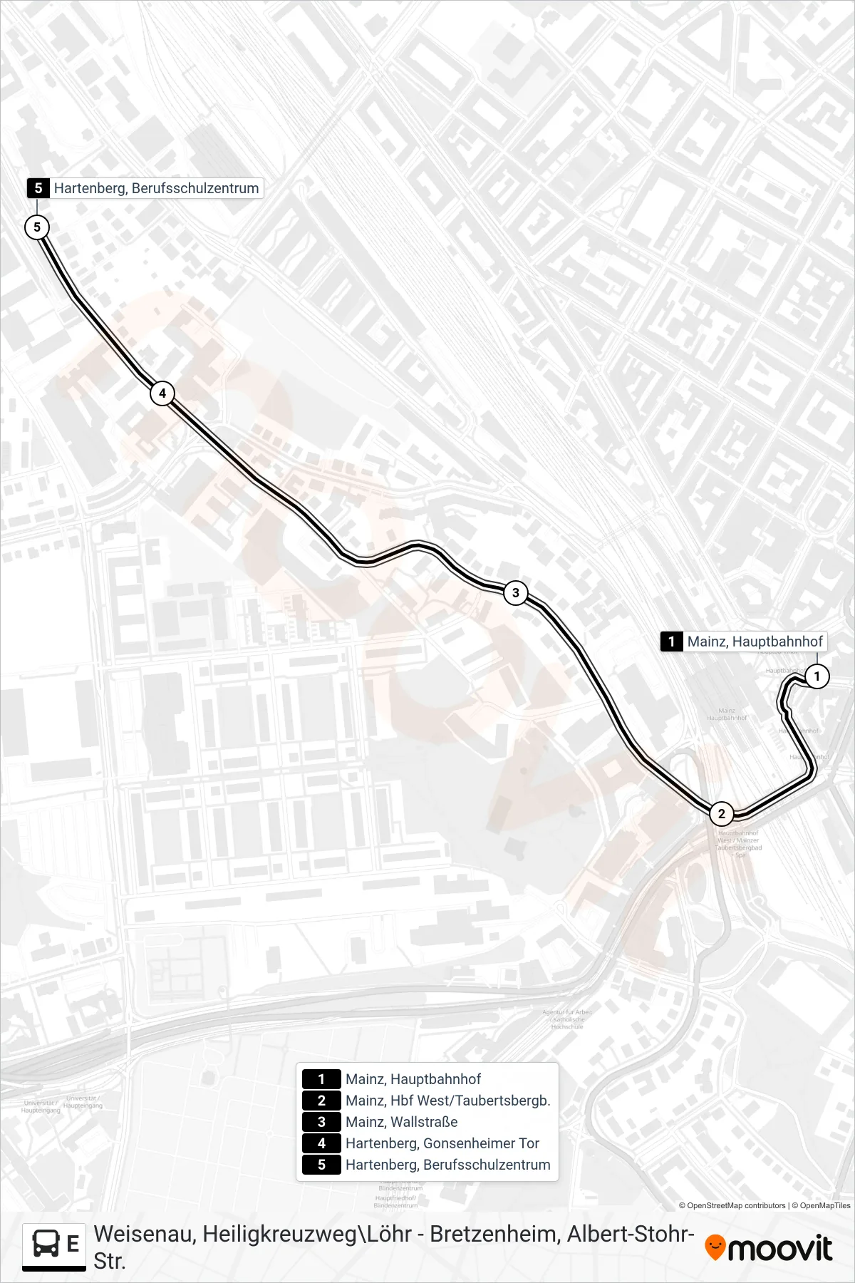 Linie E (Bus) Richtung Hartenberg: Route und Haltestellen auf der Karte