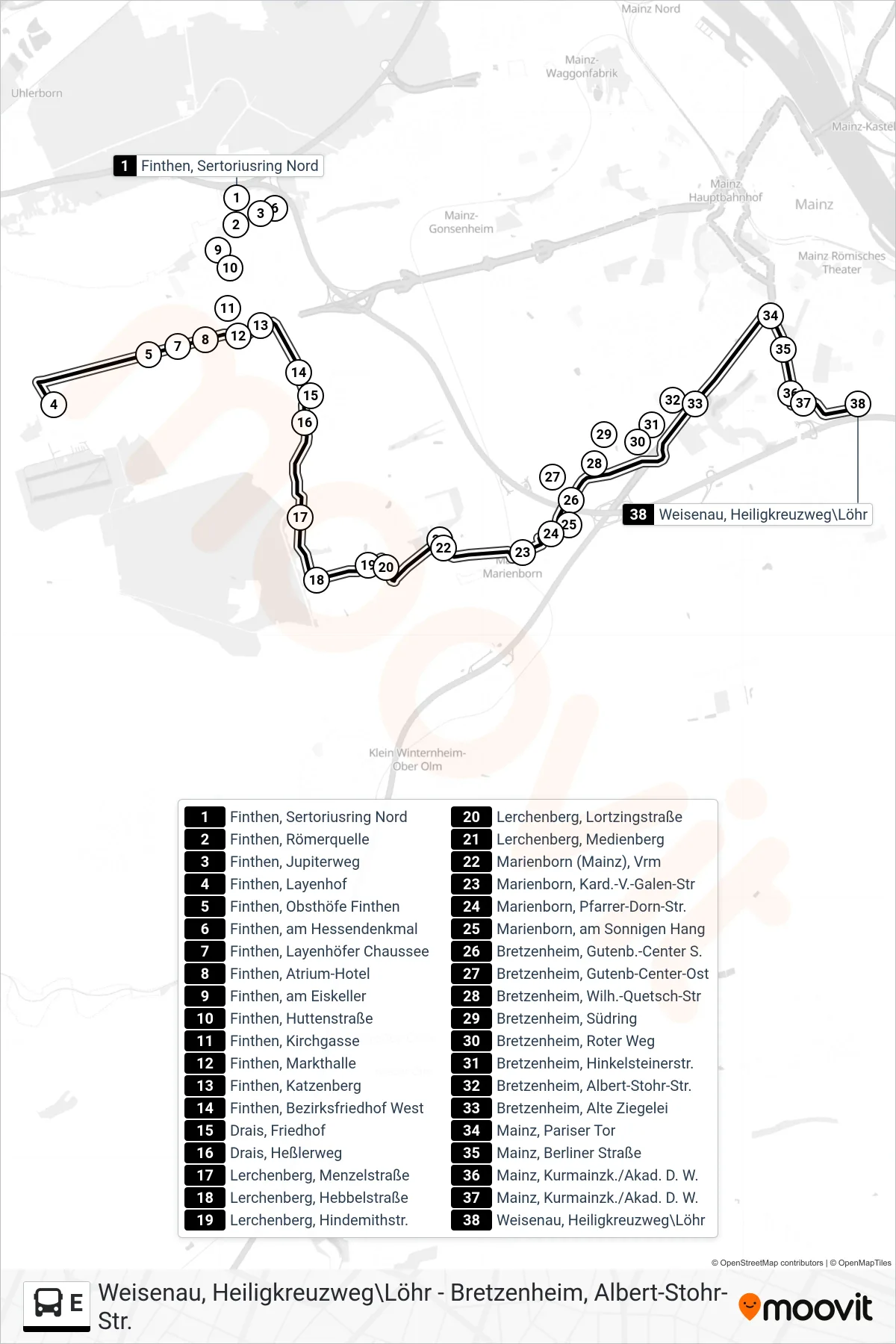 E bus Line (Weisenau, Heiligkreuzweg\Löhr) route and stops on a map