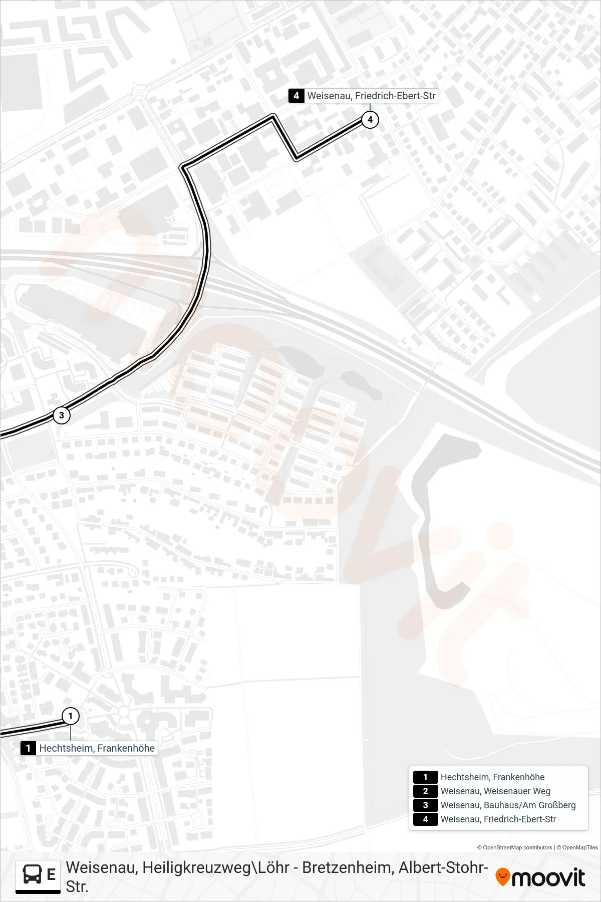 E bus Line (Weisenau) route and stops on a map