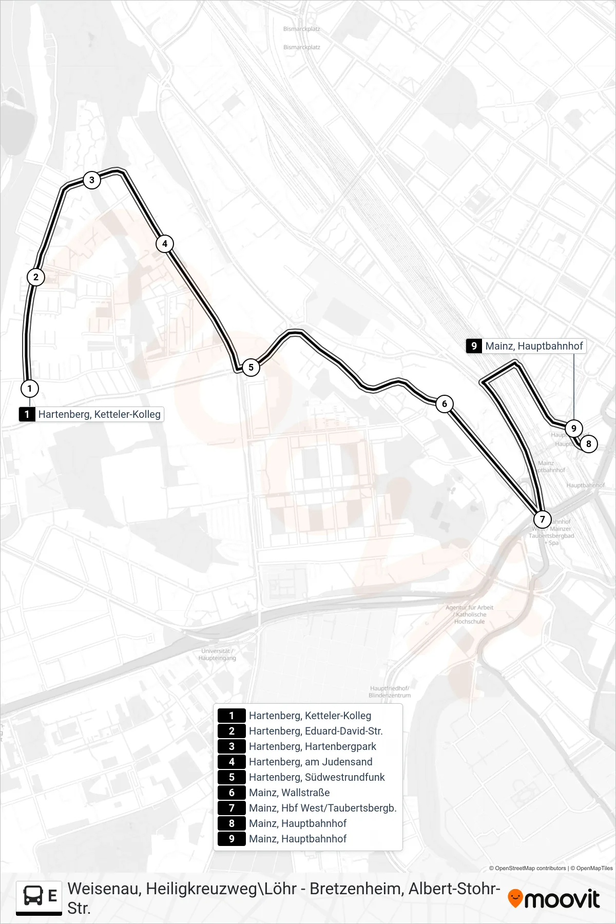 Linie E (Bus) Richtung Hauptbahnhof: Route und Haltestellen auf der Karte