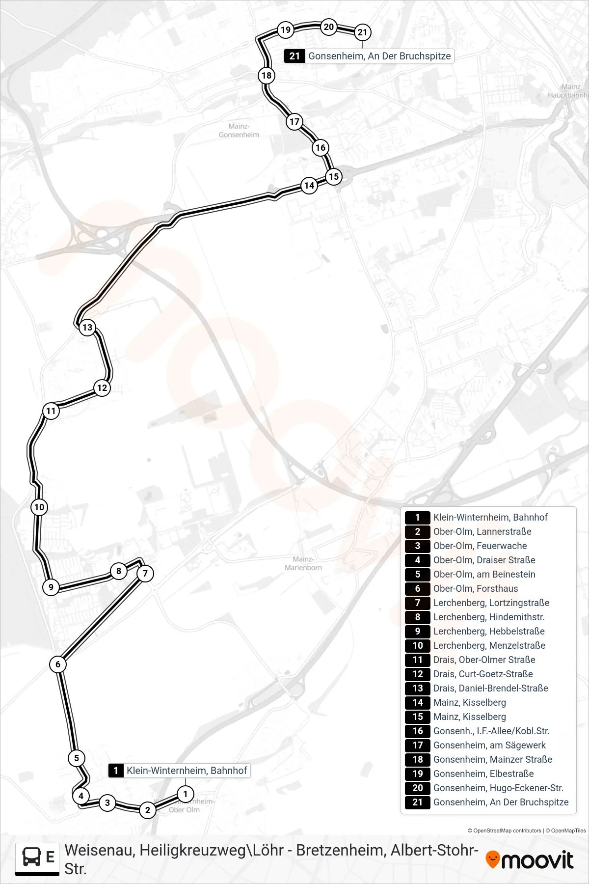 Linie E (Bus) Richtung Gonsenheim: Route und Haltestellen auf der Karte