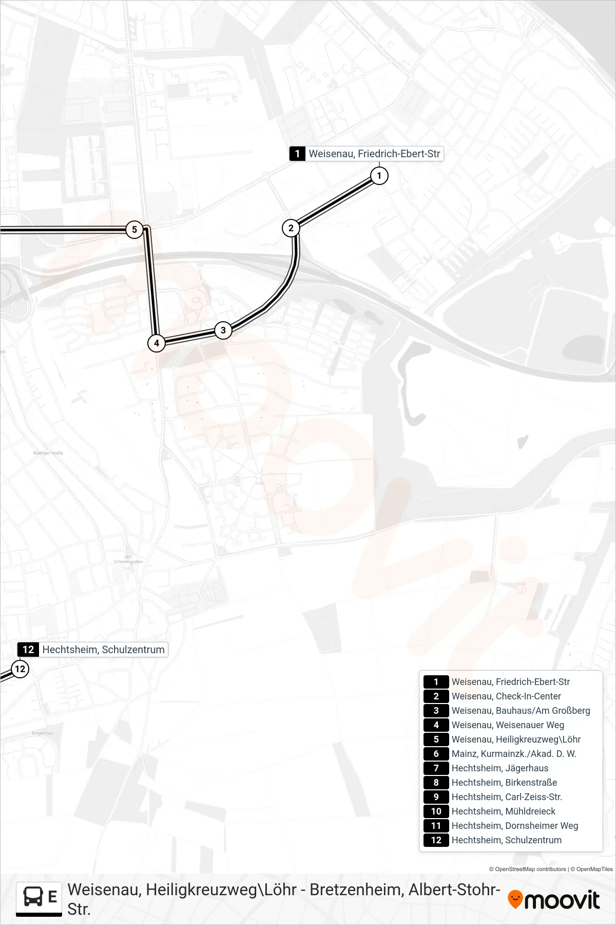 Linie E (Bus) Richtung Hechtsheim: Route und Haltestellen auf der Karte