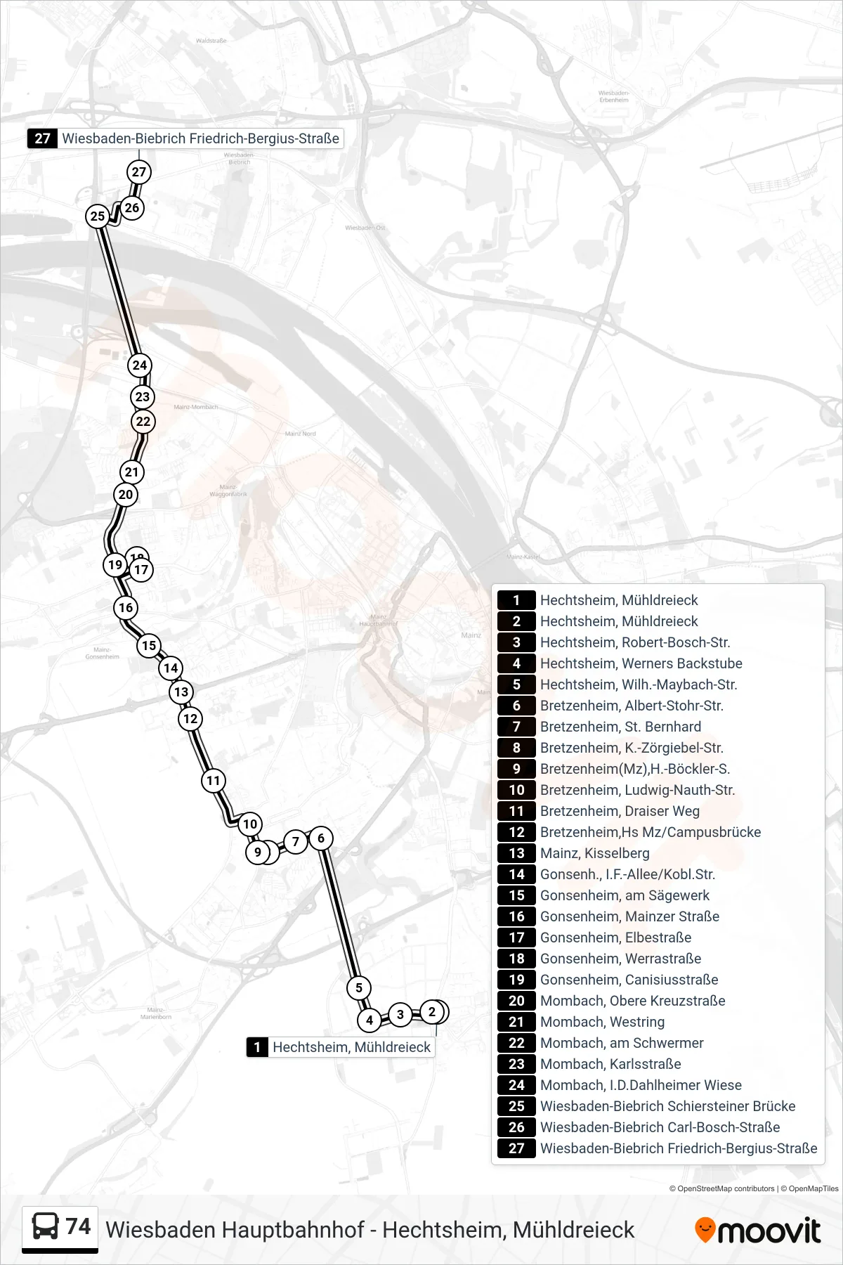 74 bus Line (Wiesbaden-Biebrich Friedrich-Bergius-Straße) route and stops on a map