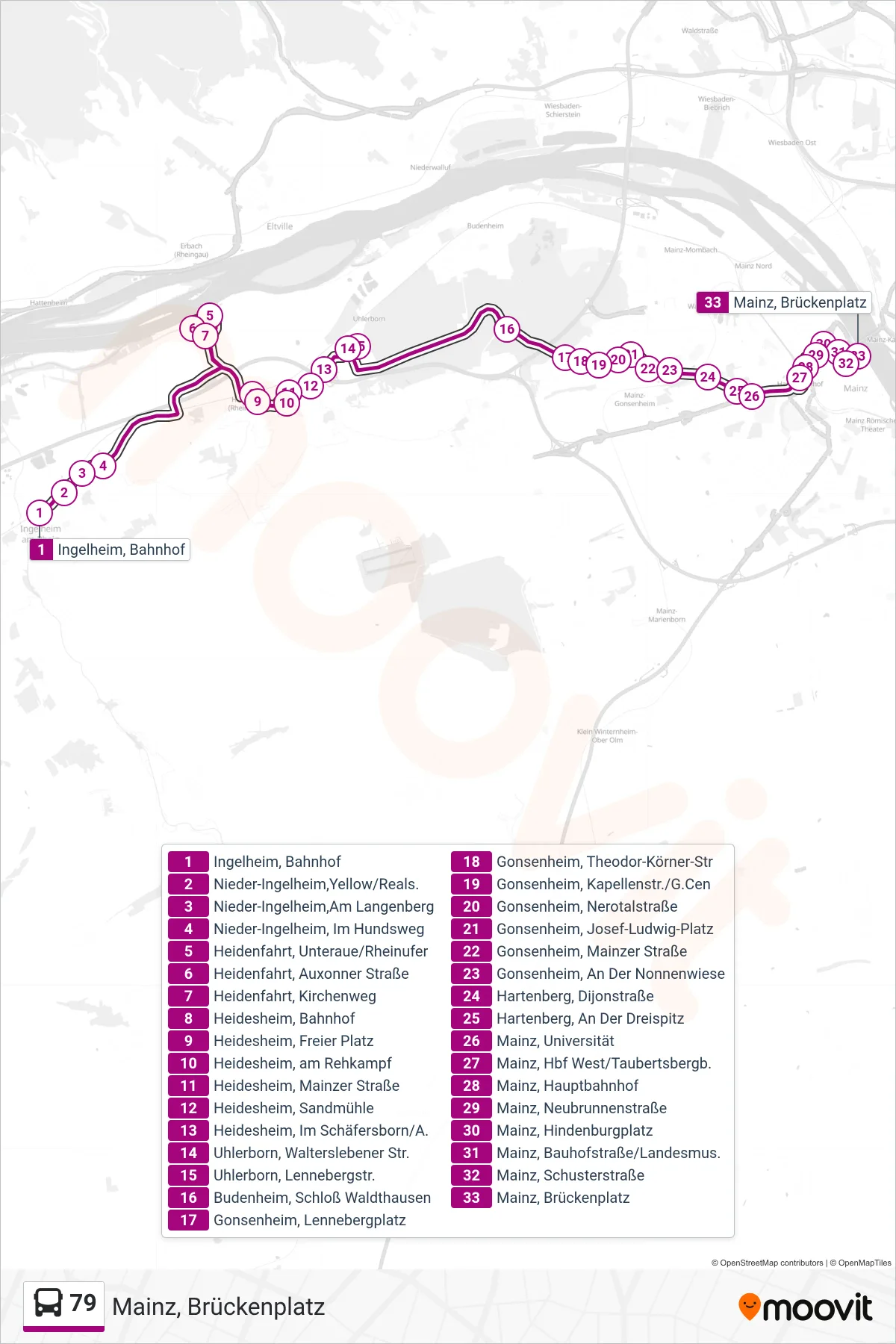 79 bus Line (Mainz, Brückenplatz) route and stops on a map