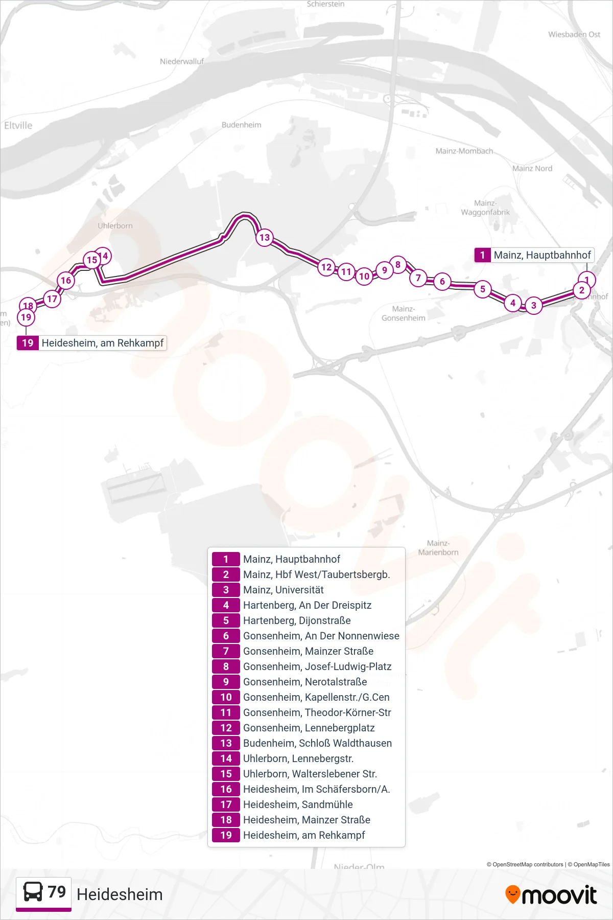 79 bus Line (Heidesheim) route and stops on a map