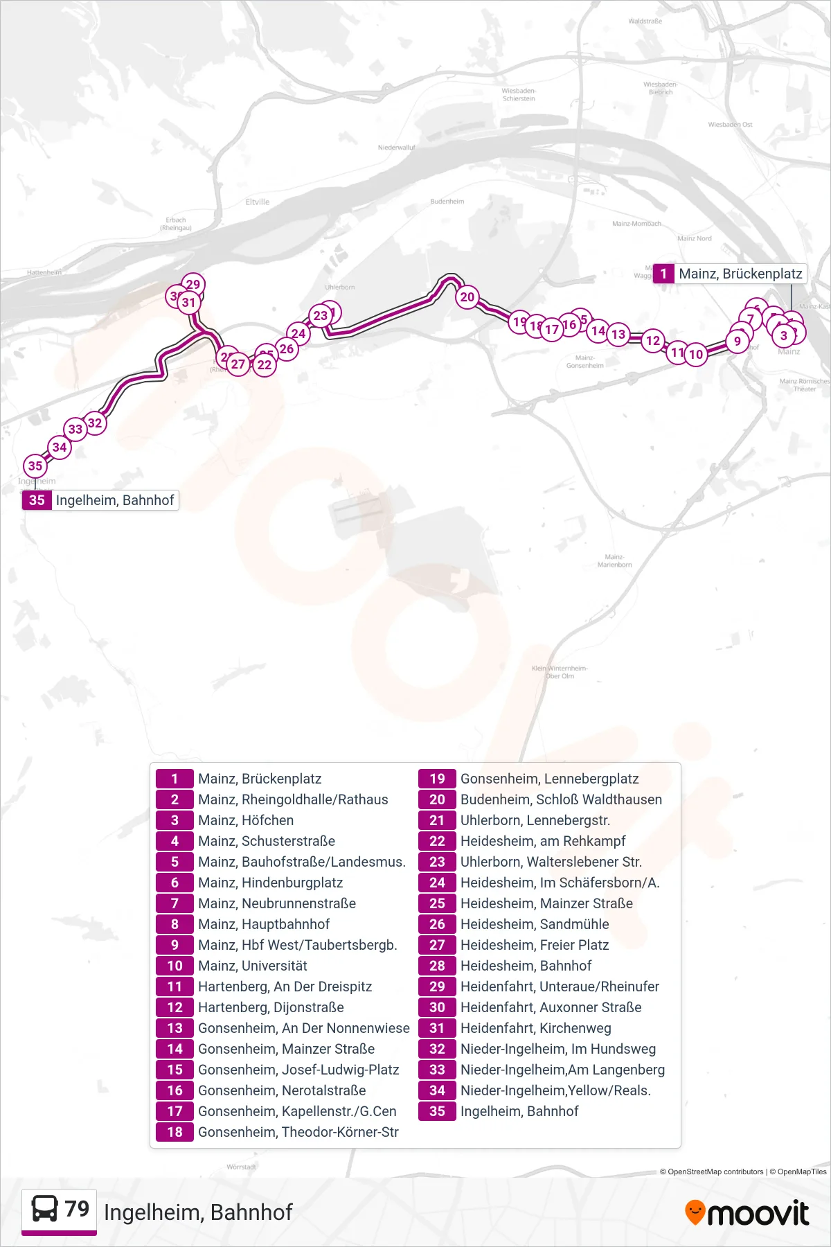 79 bus Line (Ingelheim, Bahnhof) route and stops on a map